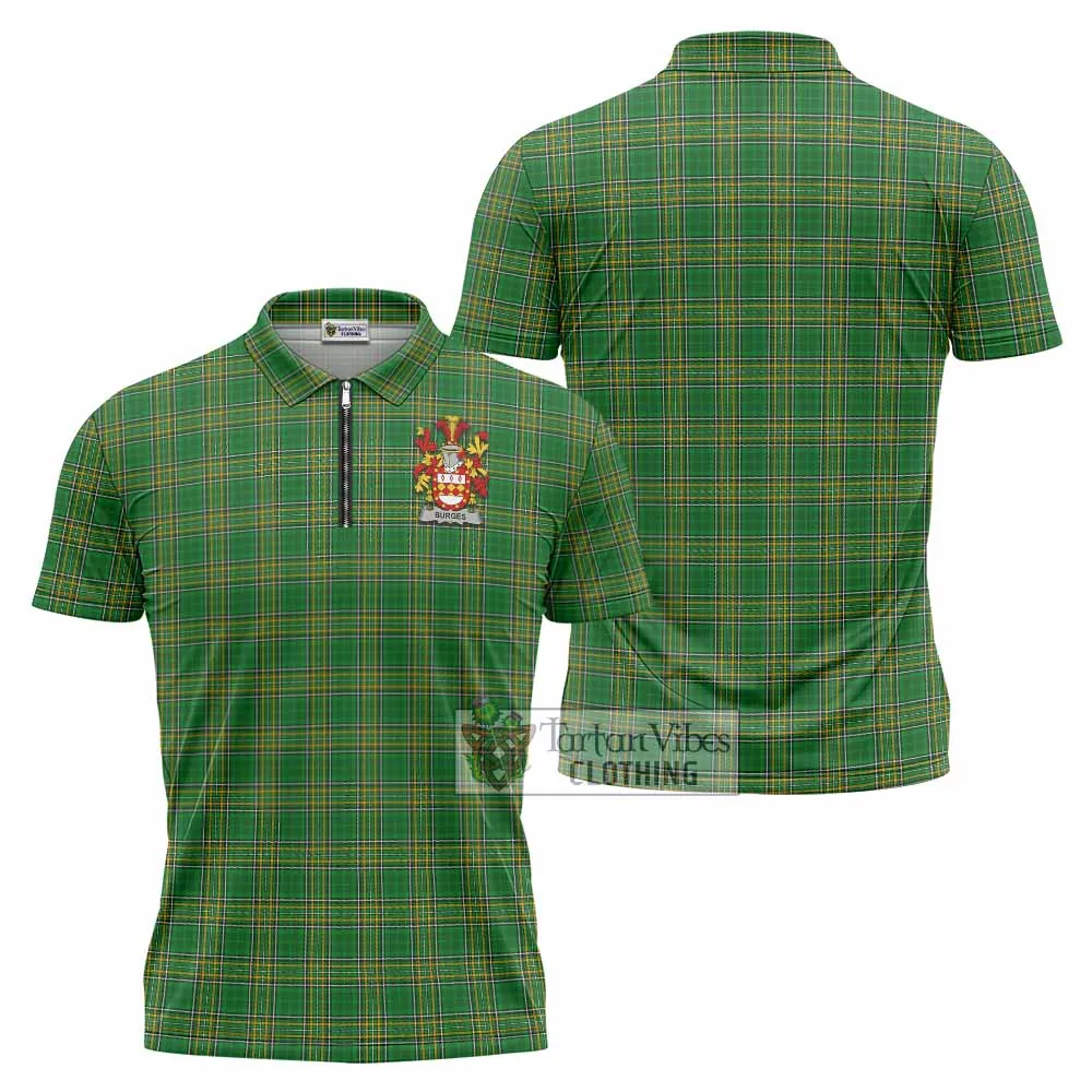 Burges Irish Clan Tartan Zipper Polo Shirt with Coat of Arms