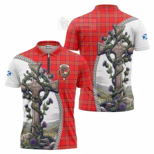 Burnett Tartan Zipper Polo Shirt with Family Crest and St. Andrew's Cross Accented by Thistle Vines