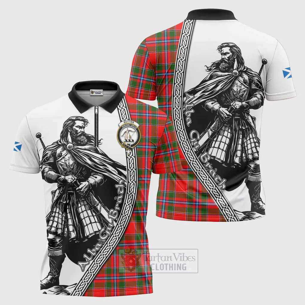 Butter Tartan Clan Crest Zipper Polo Shirt with Highlander Warrior Celtic Style