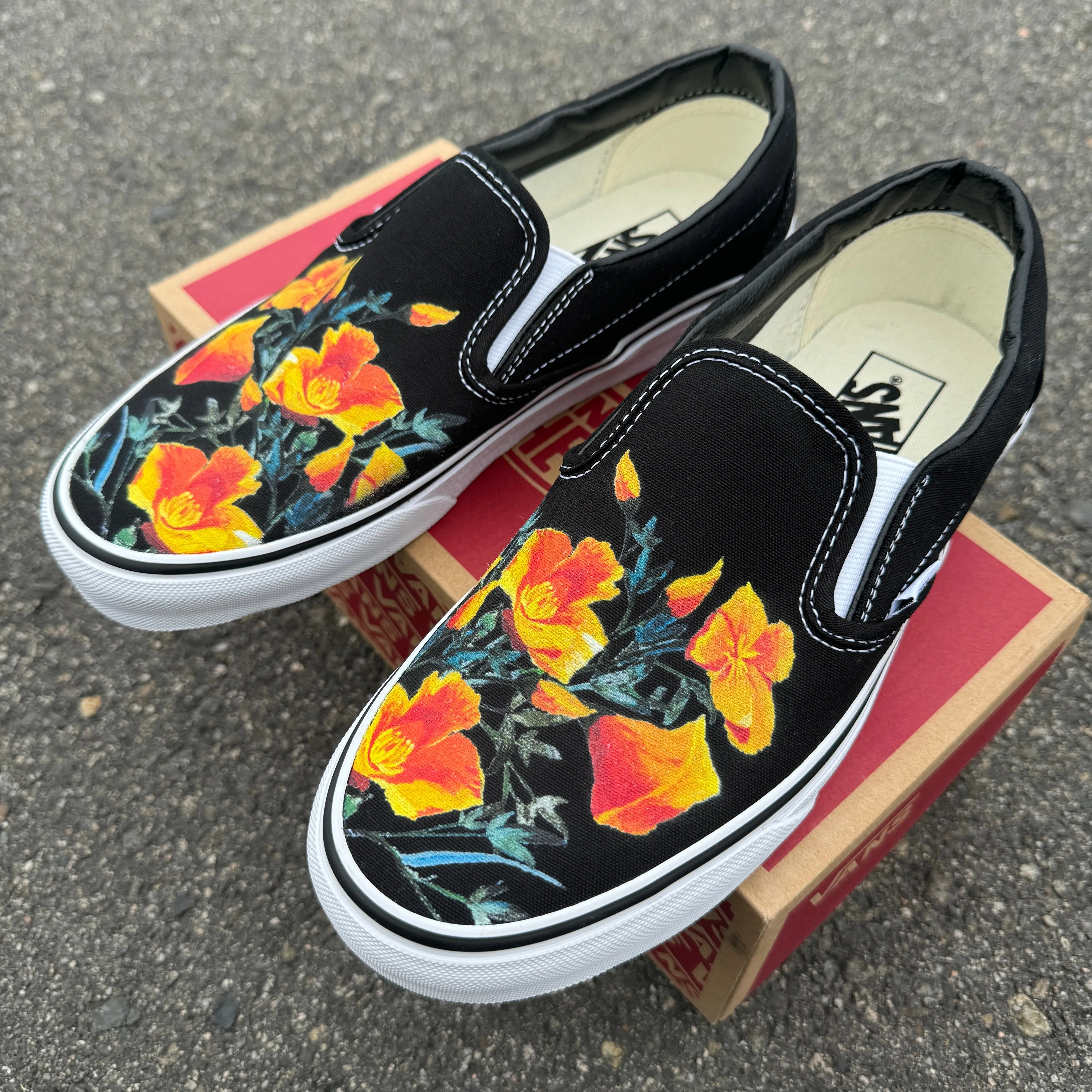 California Poppy Flower CA State Flower - Black Slip On Vans