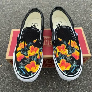 California Poppy Flower CA State Flower - Black Slip On Vans