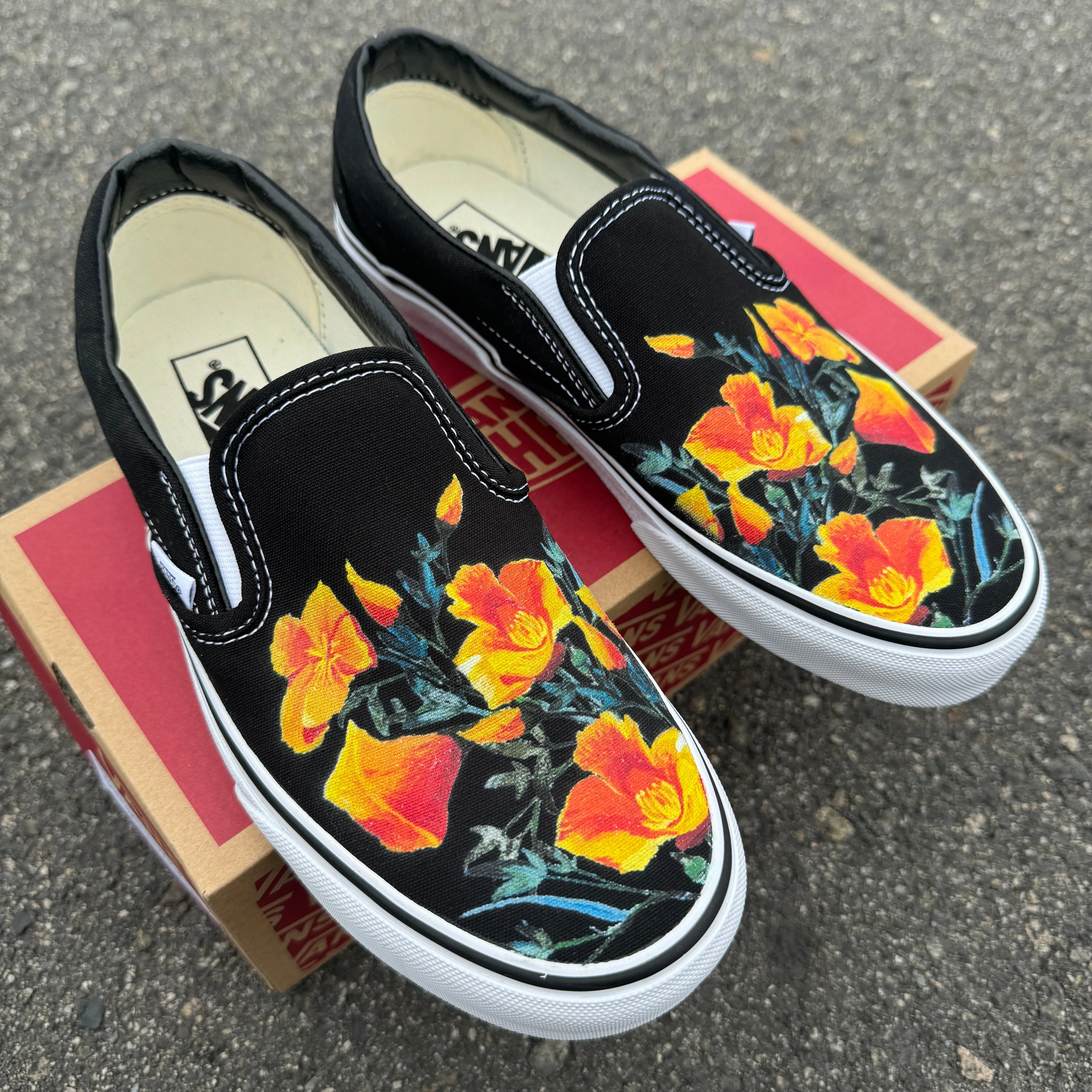 California Poppy Flower CA State Flower - Black Slip On Vans