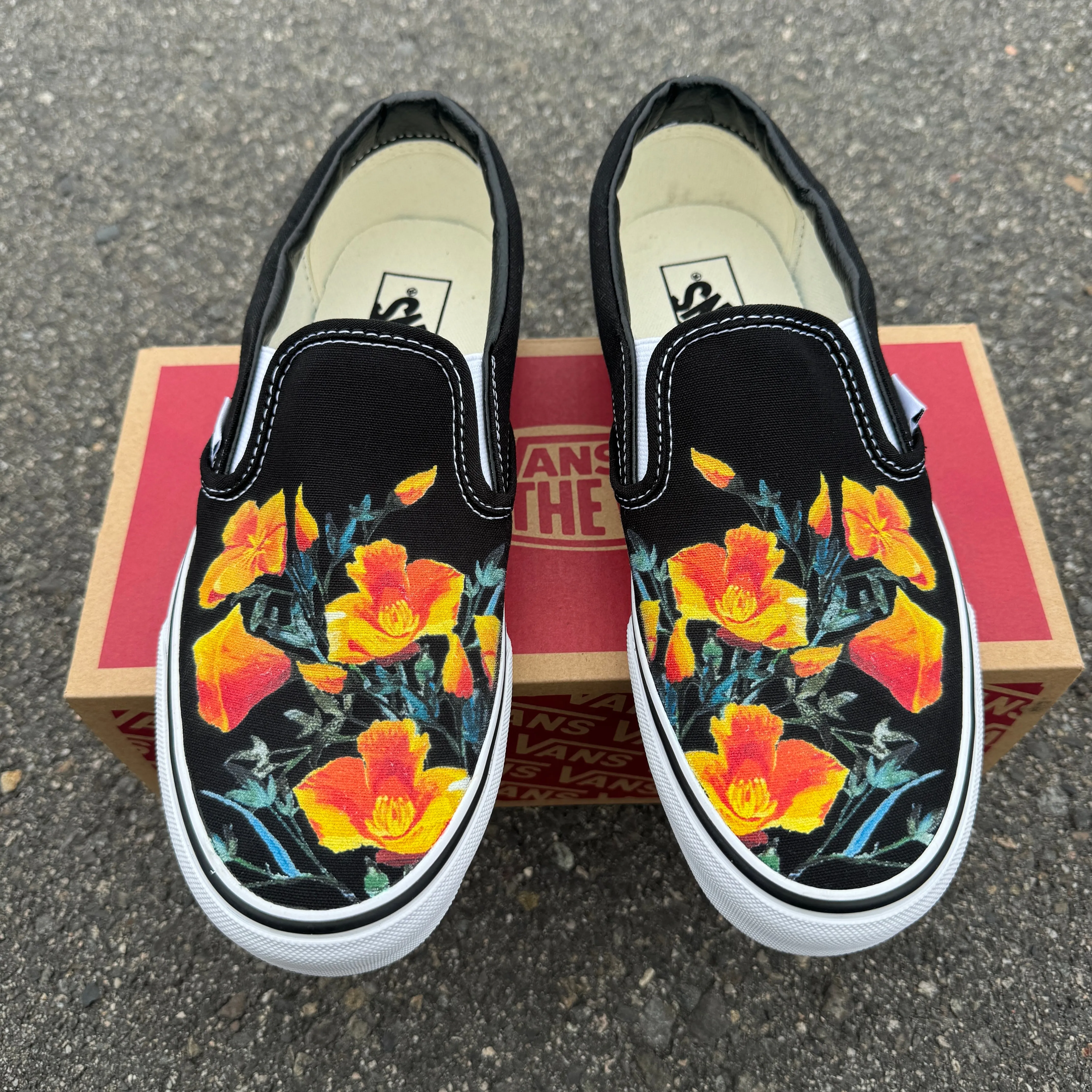 California Poppy Flower CA State Flower - Black Slip On Vans