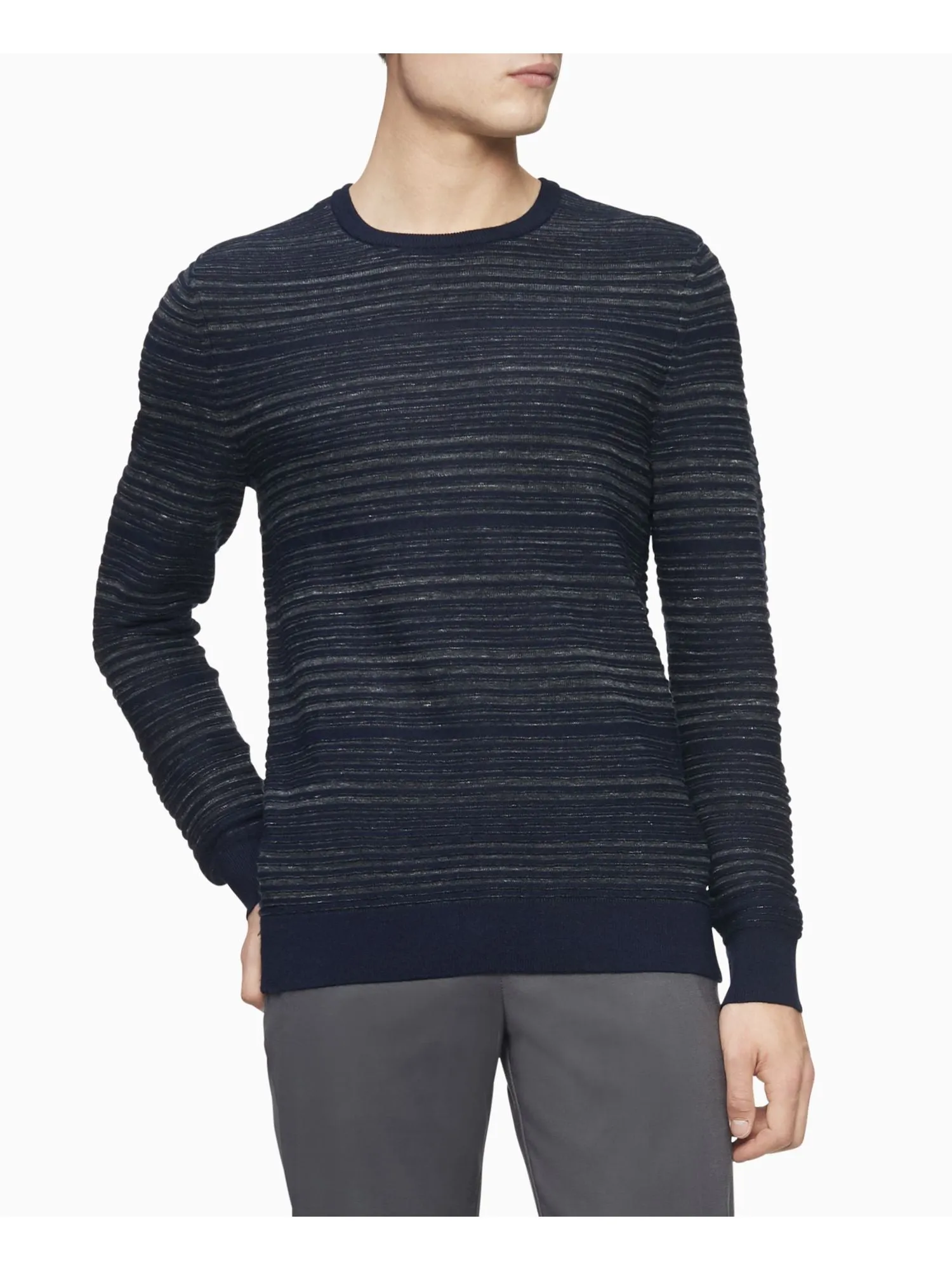 CALVIN KLEIN Mens Navy Striped Crew Neck Pullover Sweater