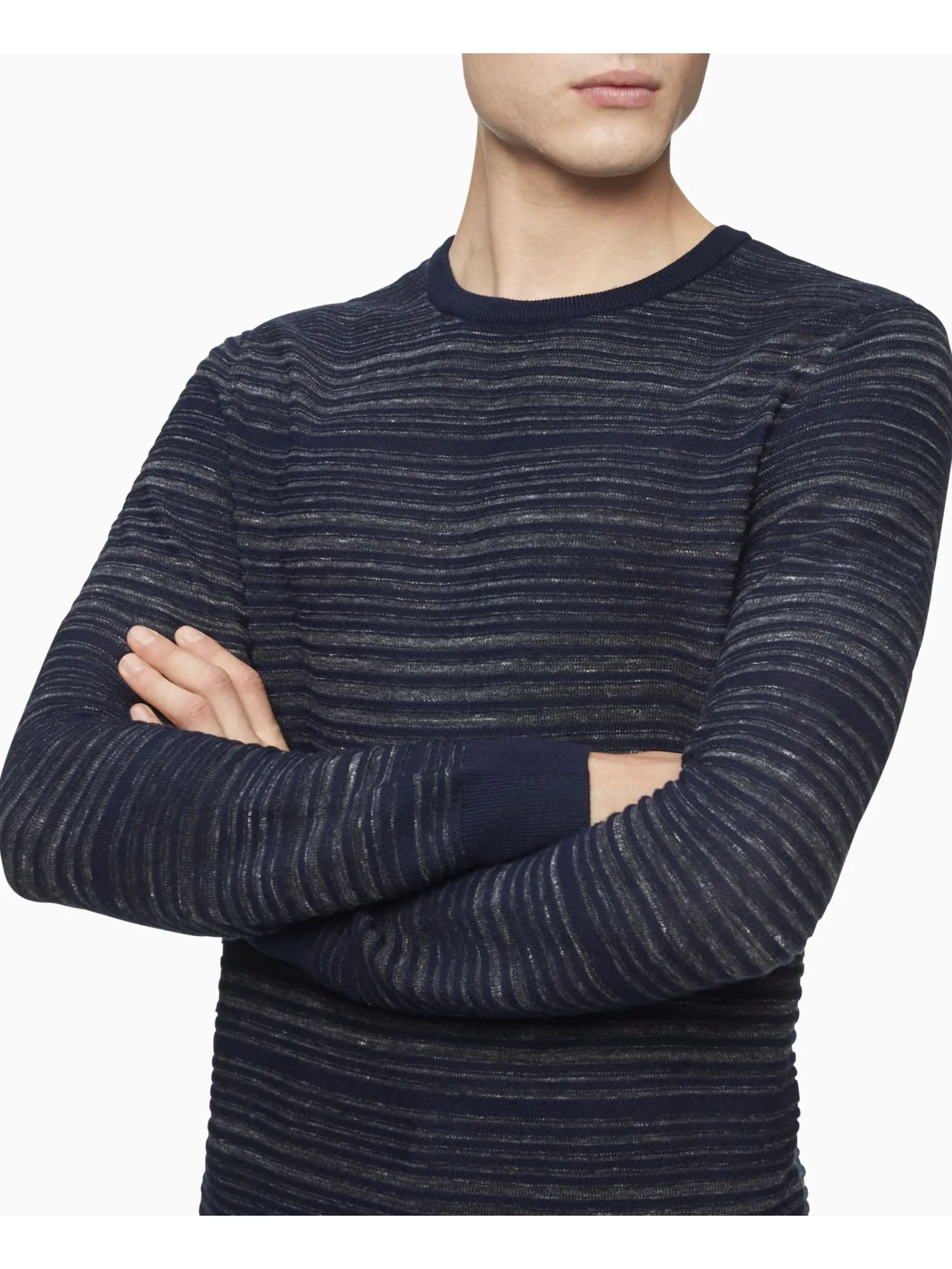 CALVIN KLEIN Mens Navy Striped Crew Neck Pullover Sweater