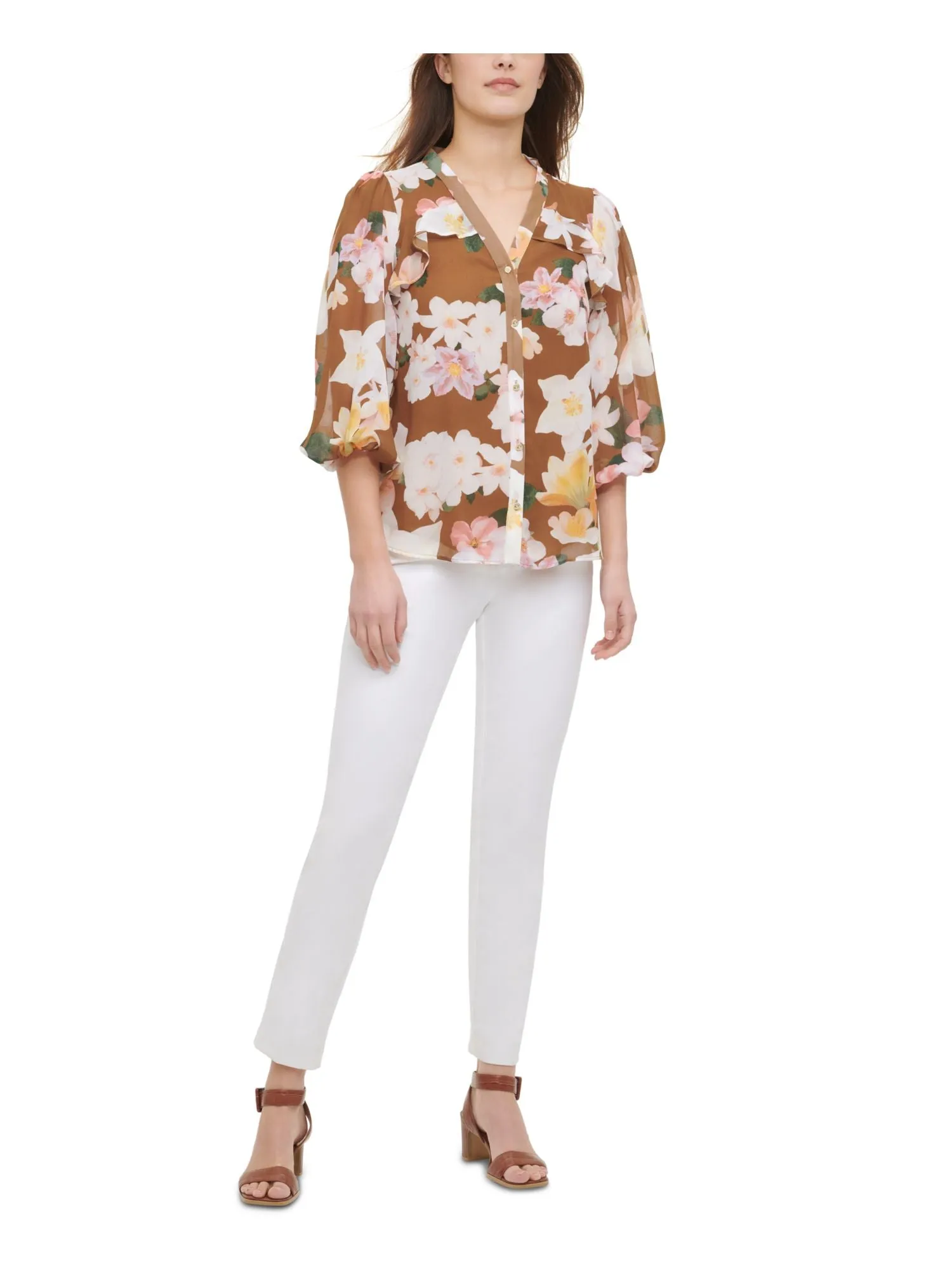 CALVIN KLEIN Womens Beige Ruffled Floral Kimono Sleeve V Neck Hi-Lo Top