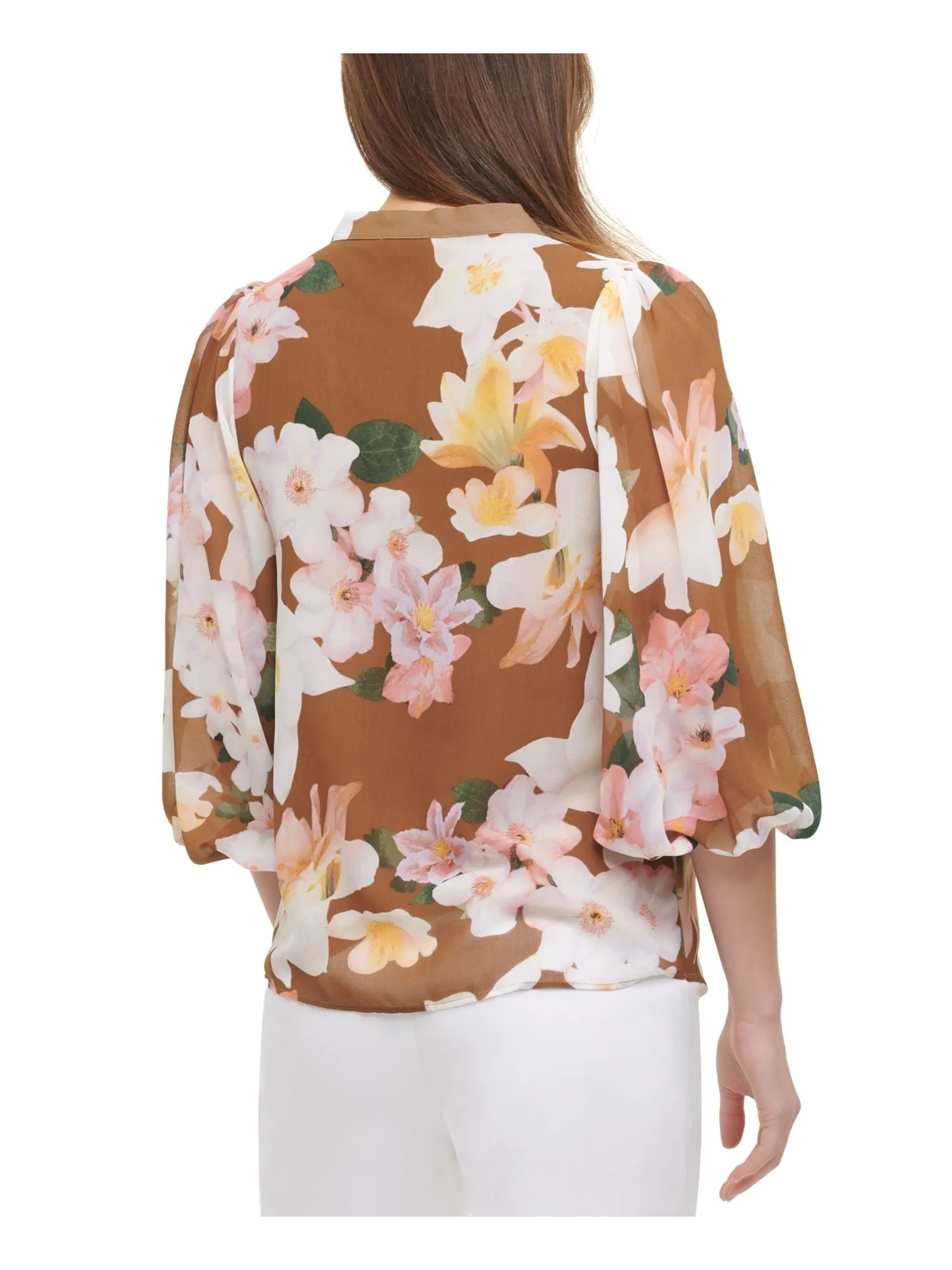 CALVIN KLEIN Womens Beige Ruffled Floral Kimono Sleeve V Neck Hi-Lo Top