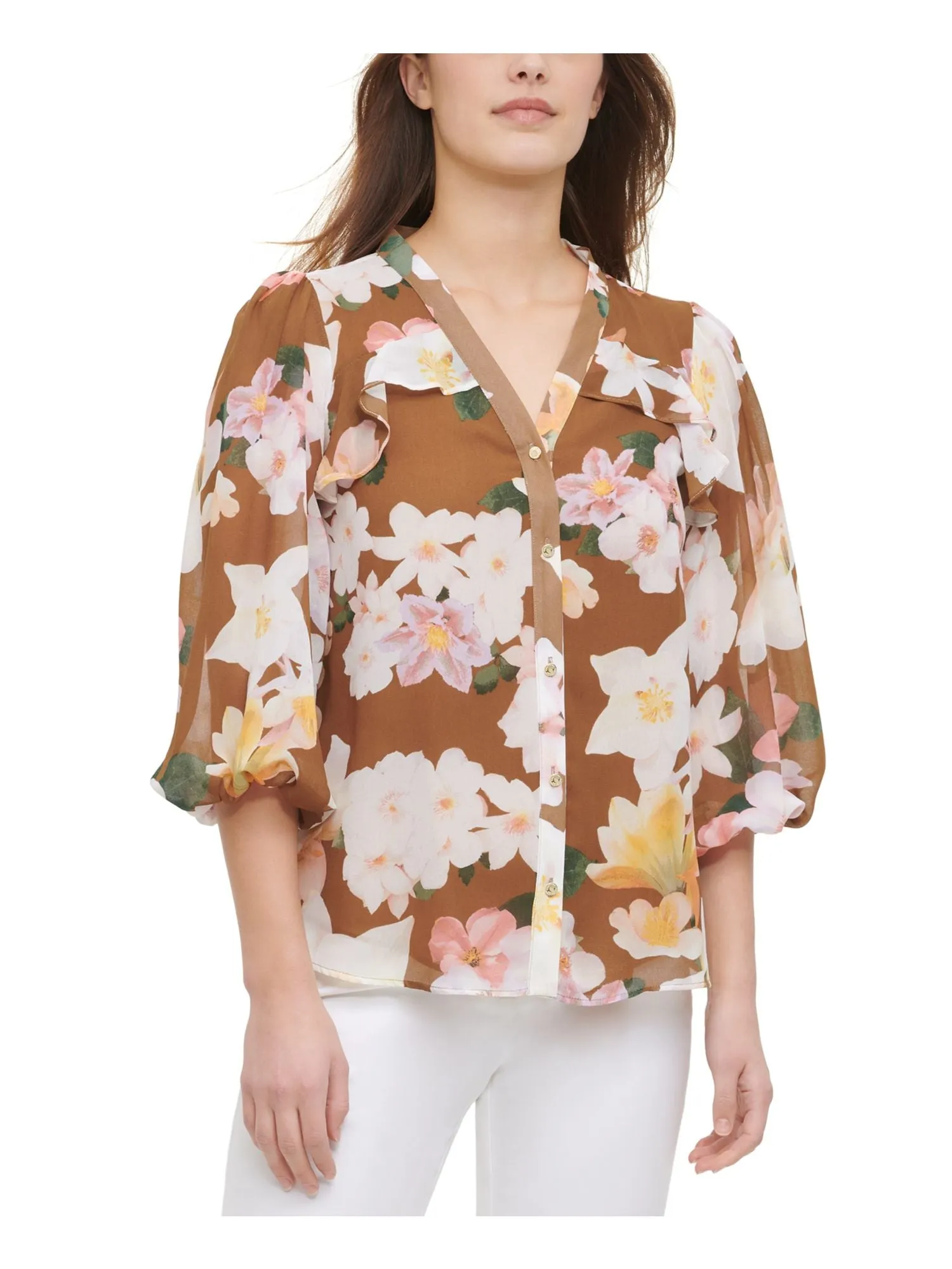 CALVIN KLEIN Womens Beige Ruffled Floral Kimono Sleeve V Neck Hi-Lo Top