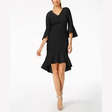 CALVIN KLEIN Womens Black Bell Cuff 3/4 Sleeve V Neck Dress Size: 4