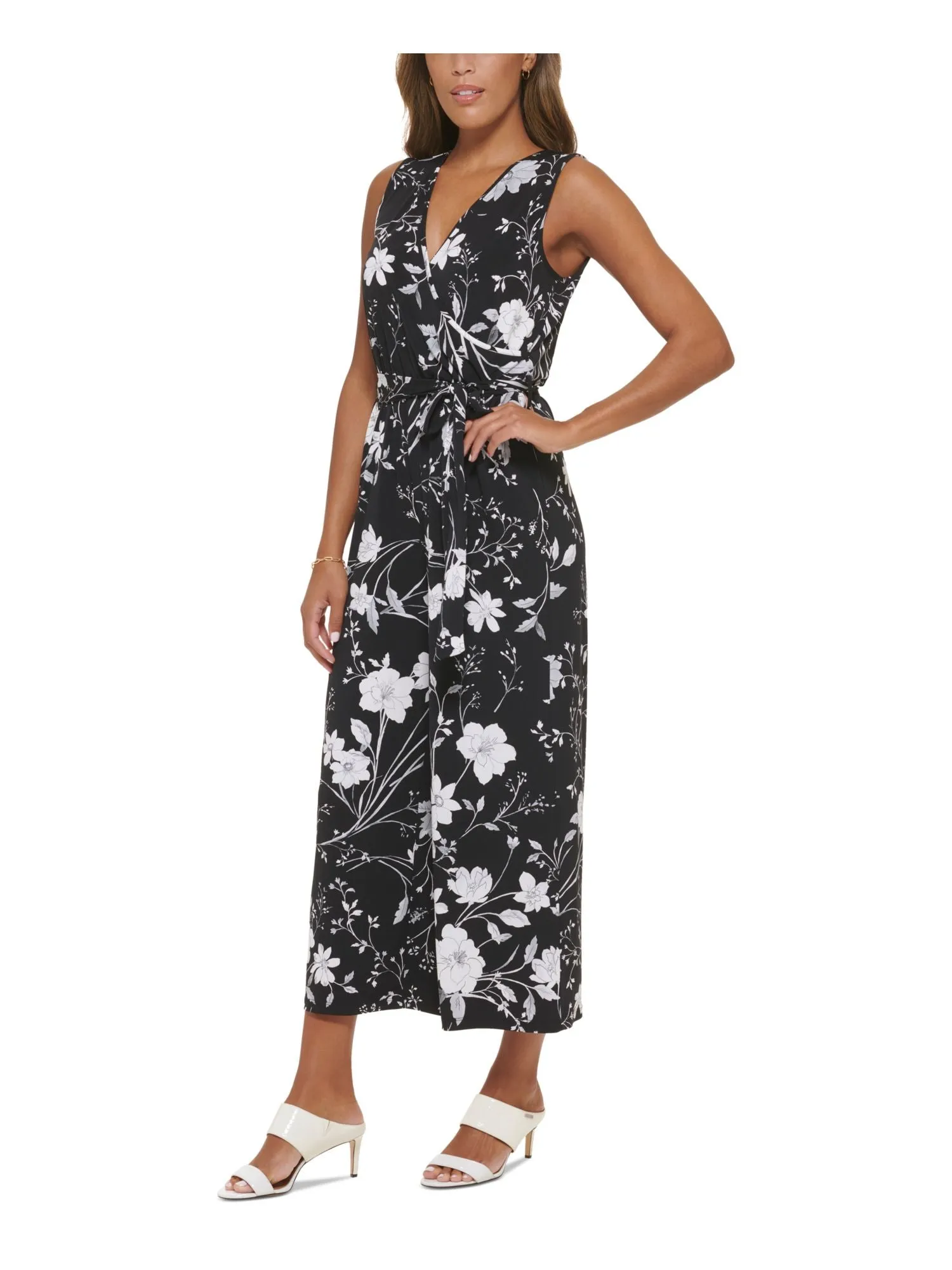 CALVIN KLEIN Womens Black Floral Sleeveless Surplice Neckline Wide Leg Jumpsuit