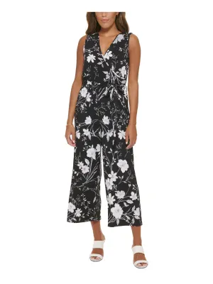 CALVIN KLEIN Womens Black Floral Sleeveless Surplice Neckline Wide Leg Jumpsuit