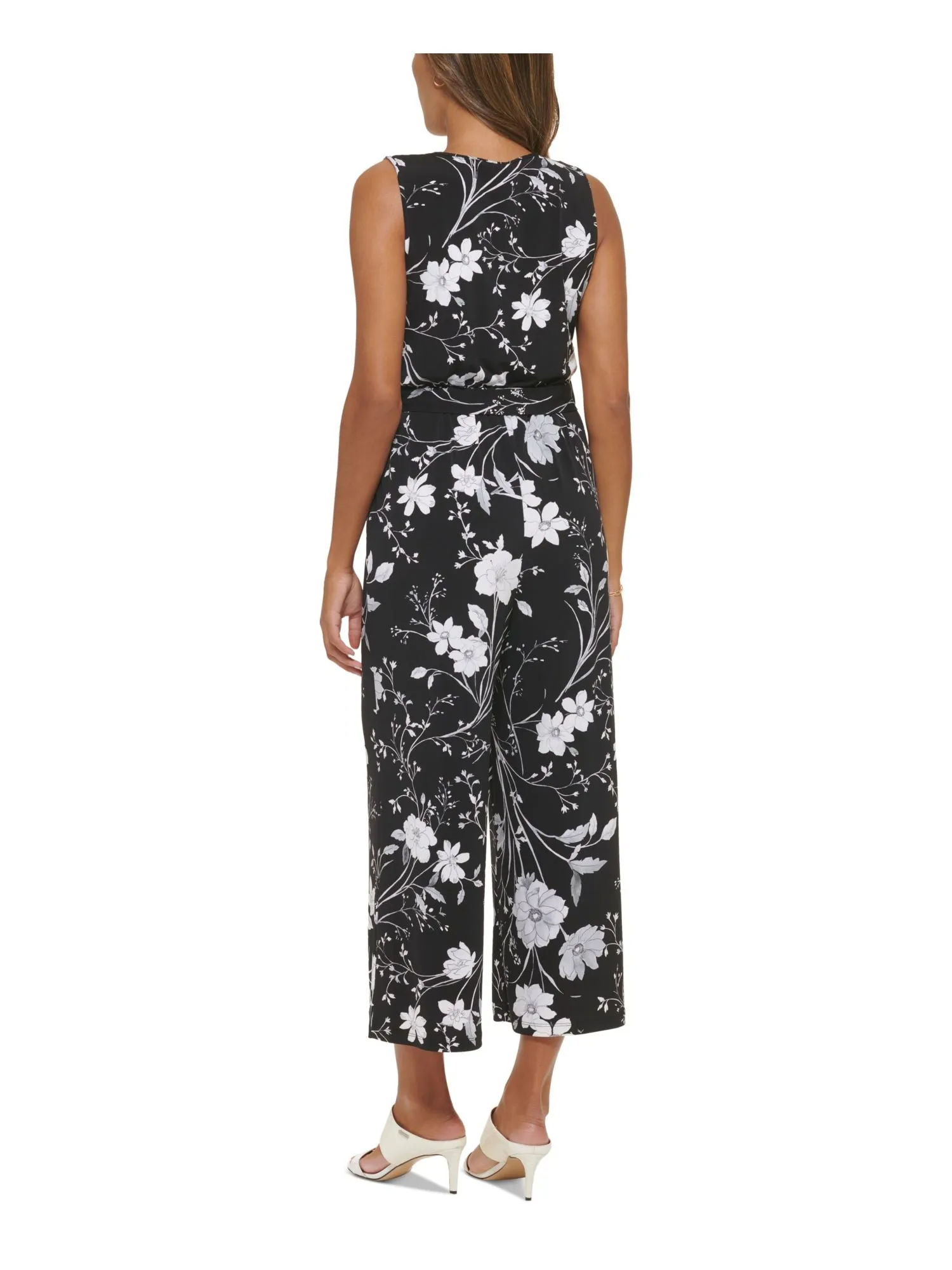 CALVIN KLEIN Womens Black Floral Sleeveless Surplice Neckline Wide Leg Jumpsuit