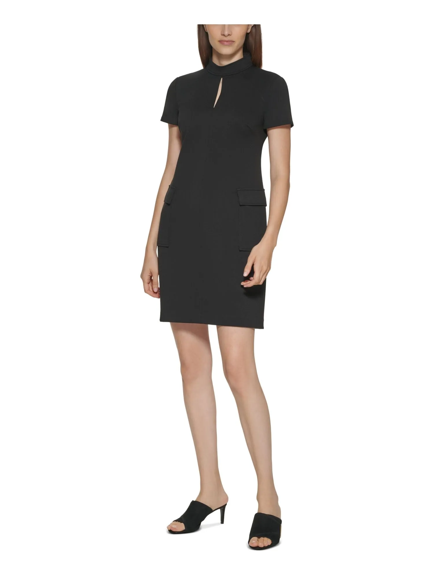 CALVIN KLEIN Womens Black Pocketed Zippered Keyhole Front Darted Unlined Short Sleeve Mock Neck Above The Knee Evening Sheath Dress