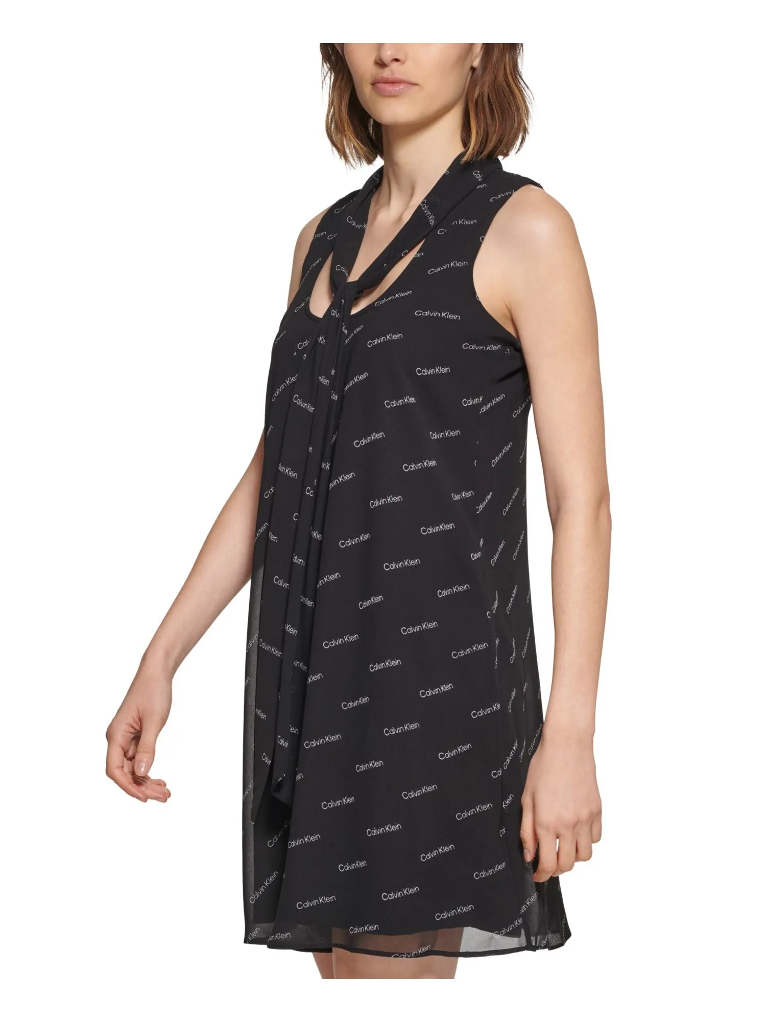 CALVIN KLEIN Womens Black Sheer Pullover Lined Logo Graphic Sleeveless Tie Neck Short Fit   Flare Dress