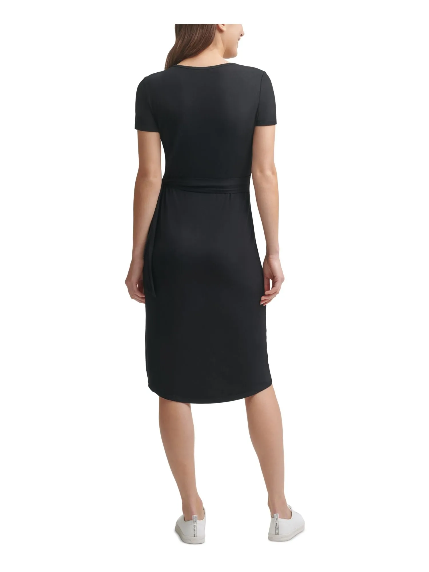 CALVIN KLEIN Womens Black Stretch Gathered Short Sleeve Round Neck Knee Length Party Sheath Dress