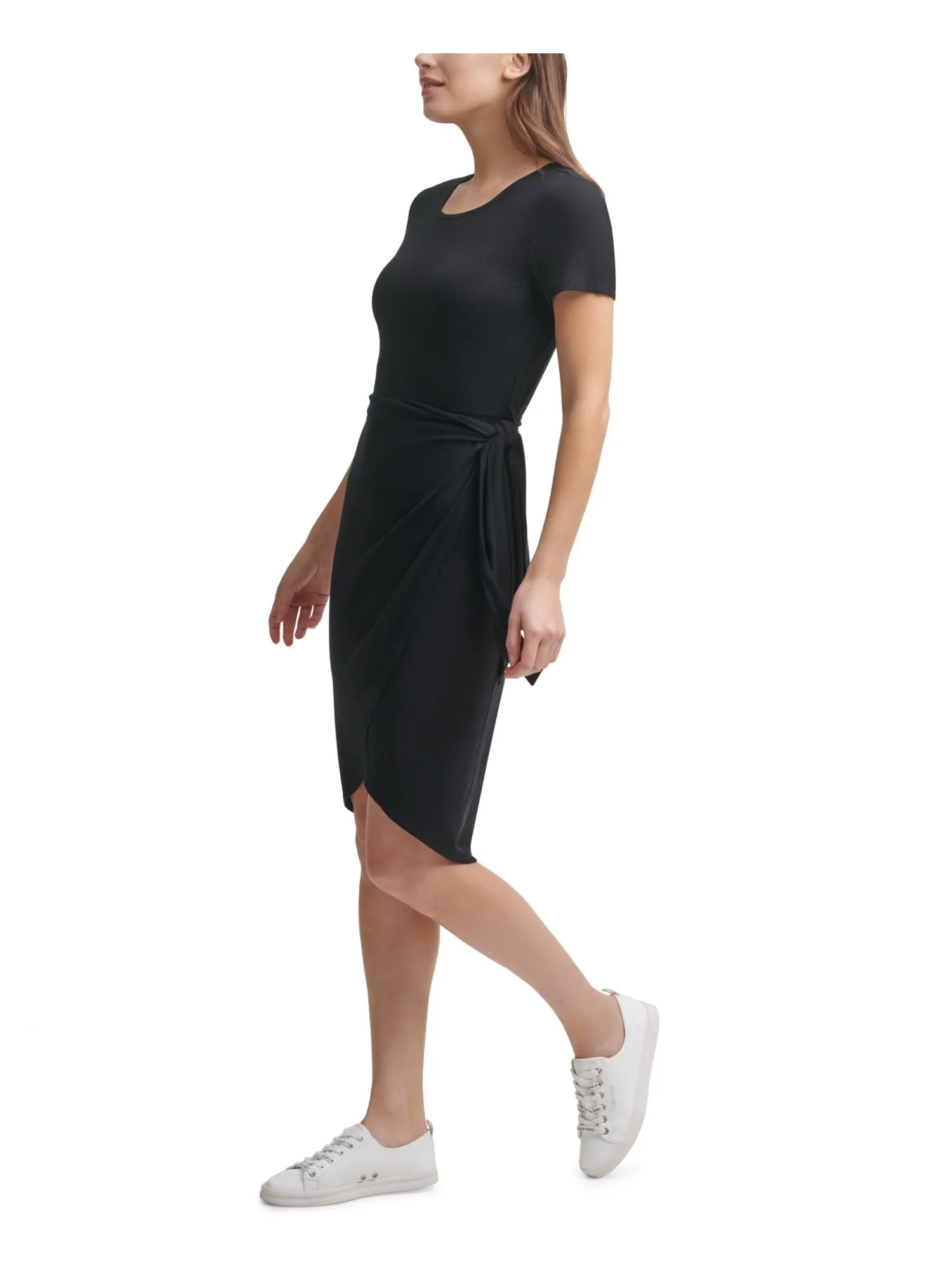 CALVIN KLEIN Womens Black Stretch Gathered Short Sleeve Round Neck Knee Length Party Sheath Dress