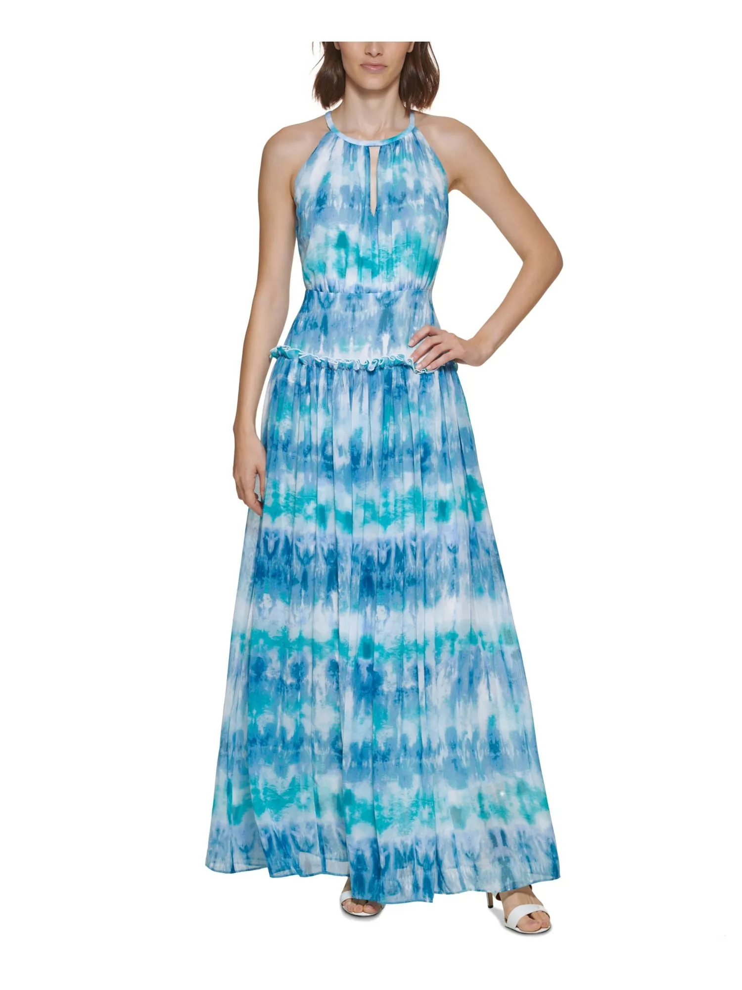 CALVIN KLEIN Womens Blue Zippered Cut Out Ruffle Trim Tie Dye Sleeveless Round Neck Full-Length Formal Gown Dress