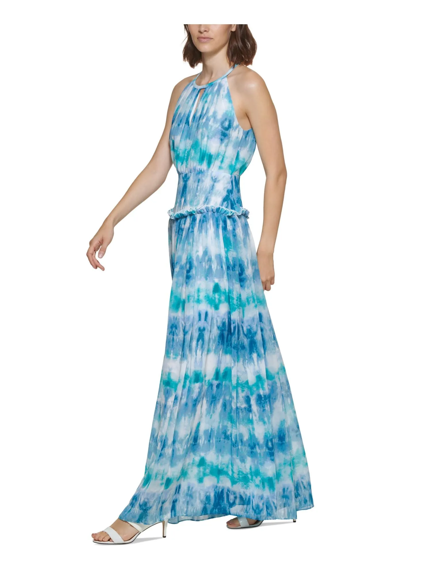 CALVIN KLEIN Womens Blue Zippered Cut Out Ruffle Trim Tie Dye Sleeveless Round Neck Full-Length Formal Gown Dress