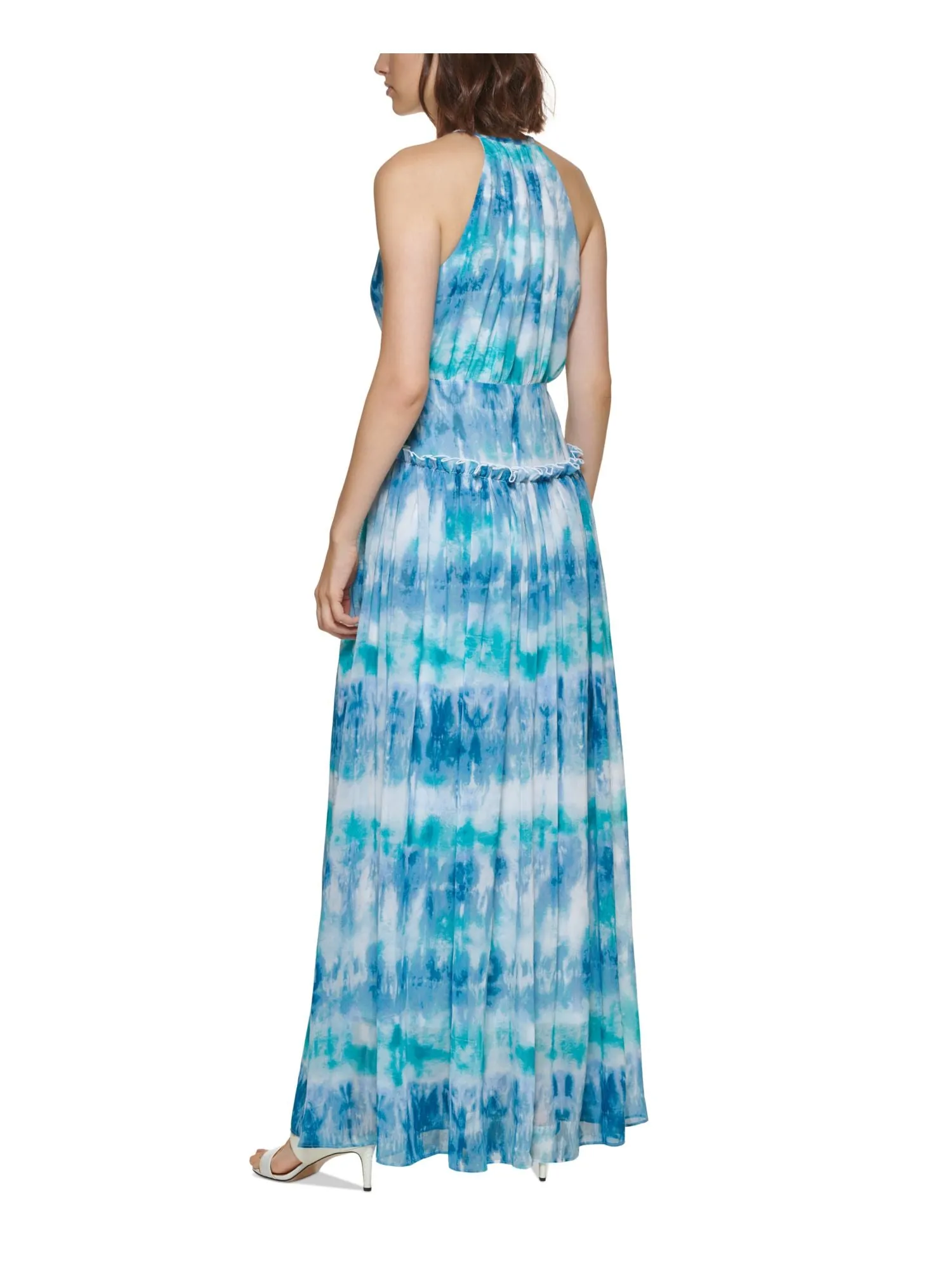 CALVIN KLEIN Womens Blue Zippered Cut Out Ruffle Trim Tie Dye Sleeveless Round Neck Full-Length Formal Gown Dress