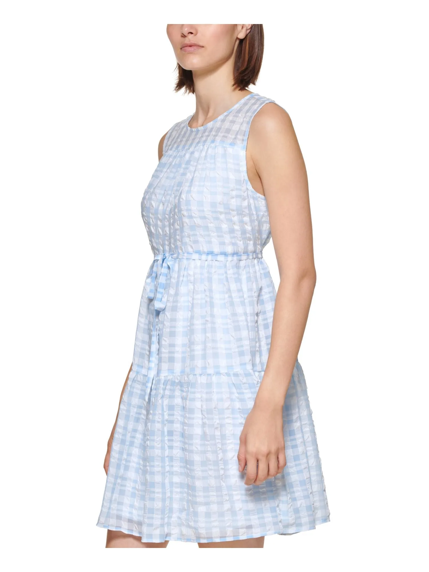 CALVIN KLEIN Womens Light Blue Sheer Lined Self Tie Waist Keyhole Bac Gingham Sleeveless Round Neck Above The Knee Shift Dress