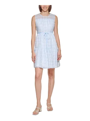 CALVIN KLEIN Womens Light Blue Sheer Lined Self Tie Waist Keyhole Bac Gingham Sleeveless Round Neck Above The Knee Shift Dress