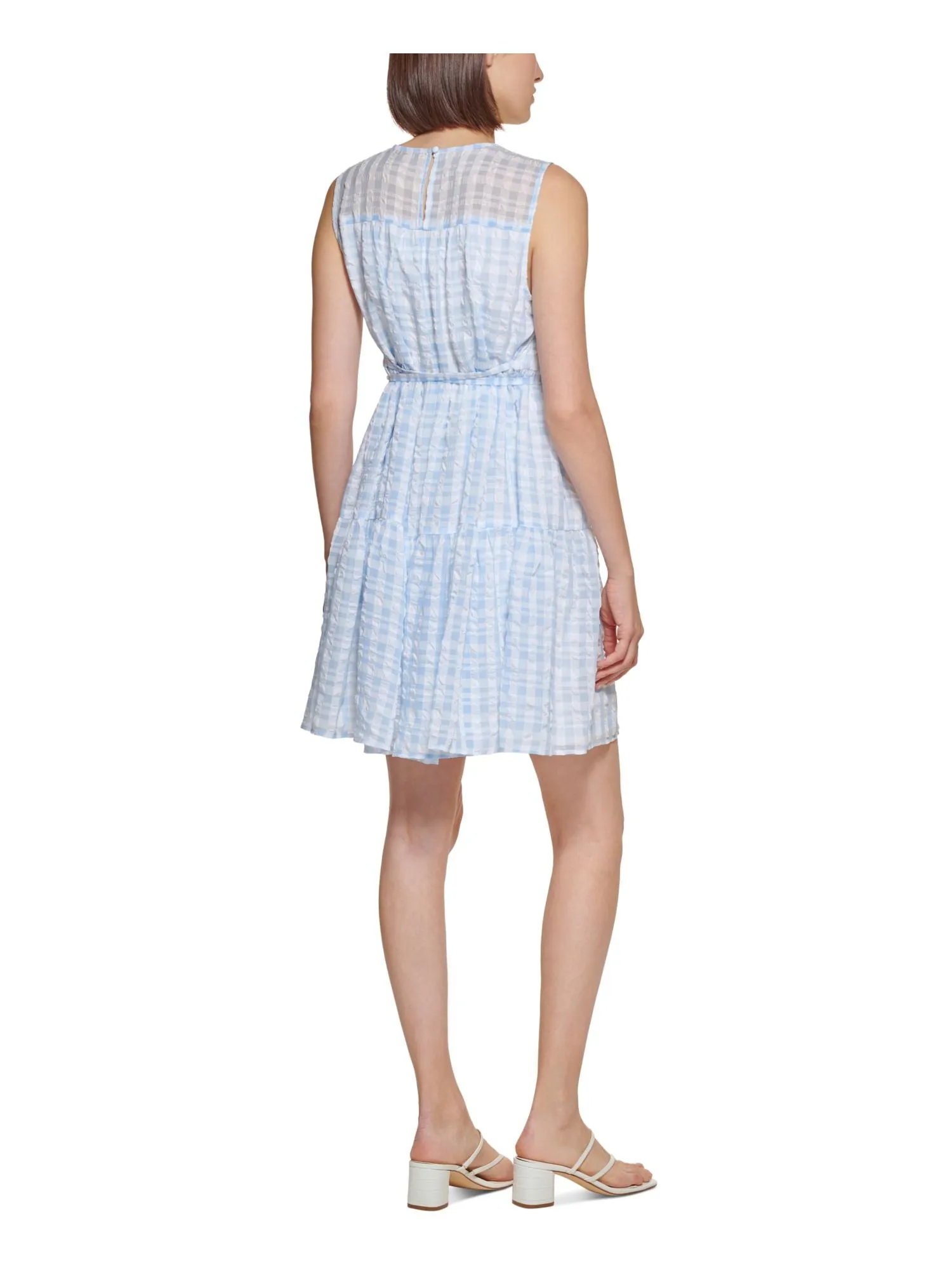 CALVIN KLEIN Womens Light Blue Sheer Lined Self Tie Waist Keyhole Bac Gingham Sleeveless Round Neck Above The Knee Shift Dress