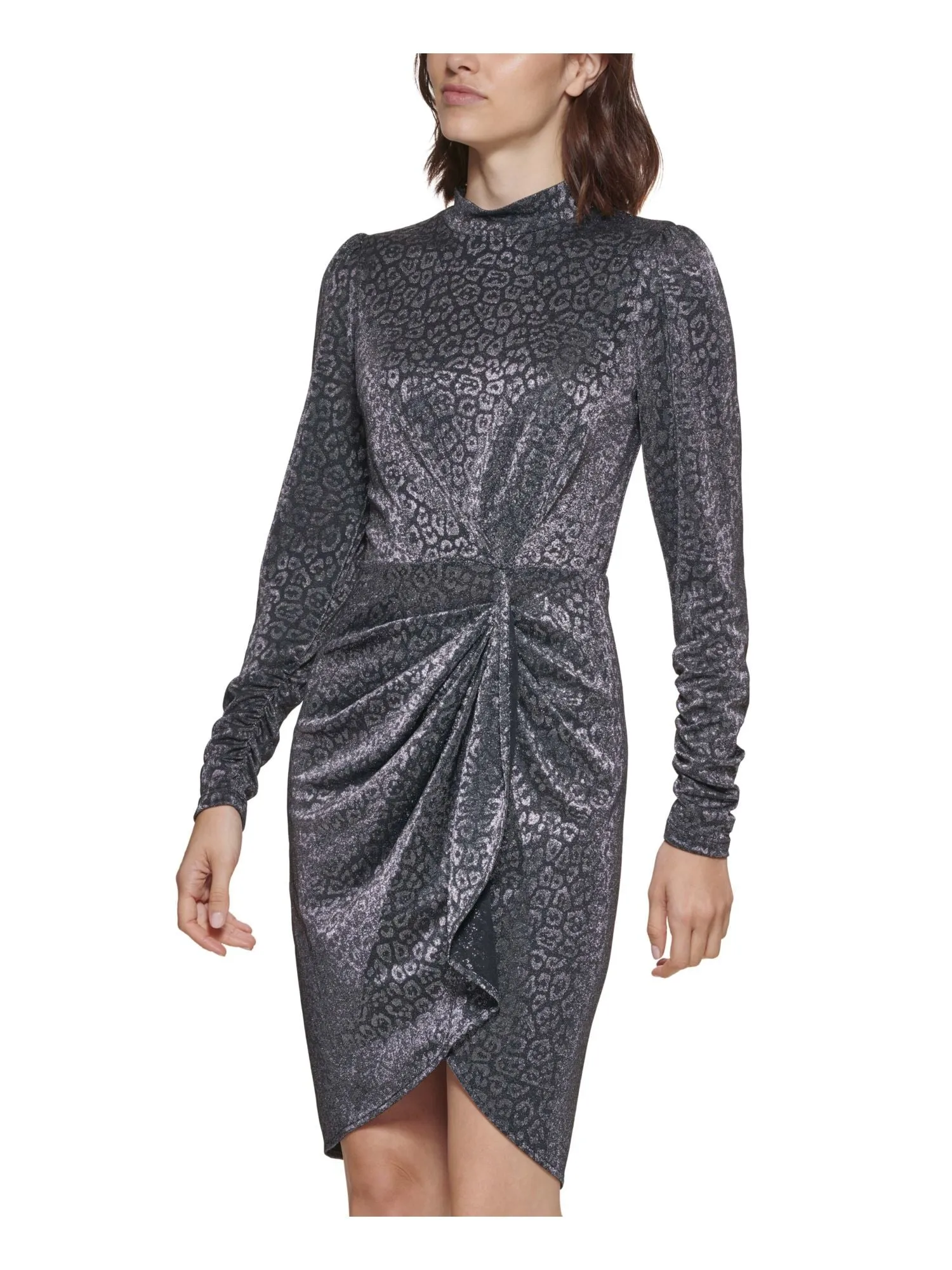 CALVIN KLEIN Womens Metallic Animal Print Long Sleeve Mock Neck Above The Knee Party Faux Wrap Dress