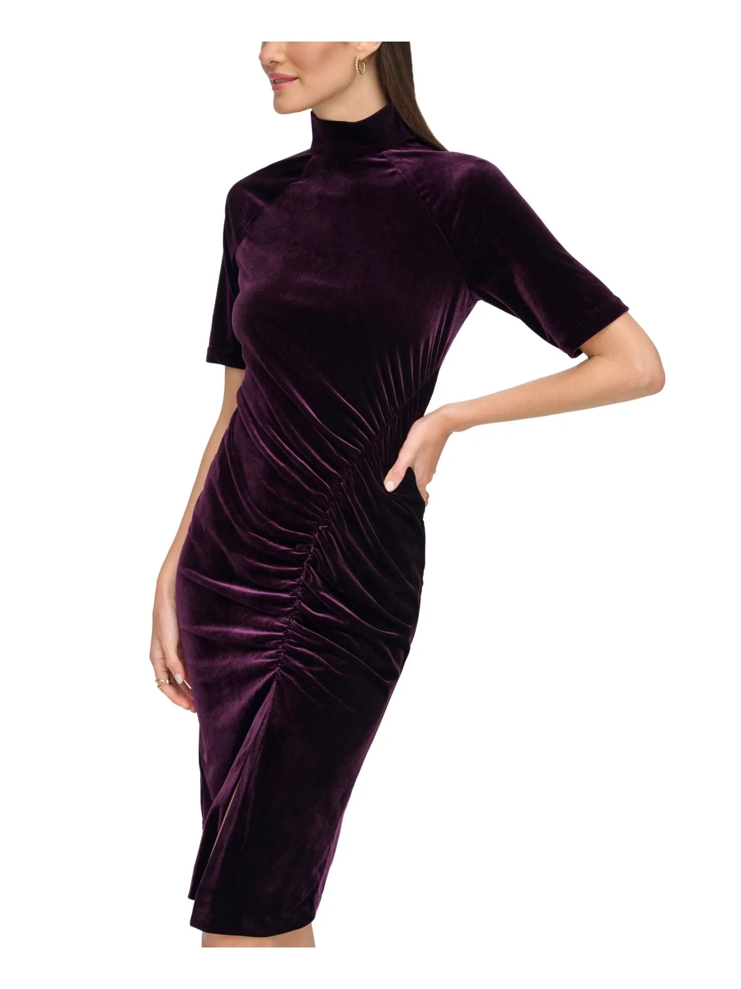 CALVIN KLEIN Womens Purple Ruched Zippered Slit Hem Short Sleeve Mock Neck Knee Length Evening Sheath Dress