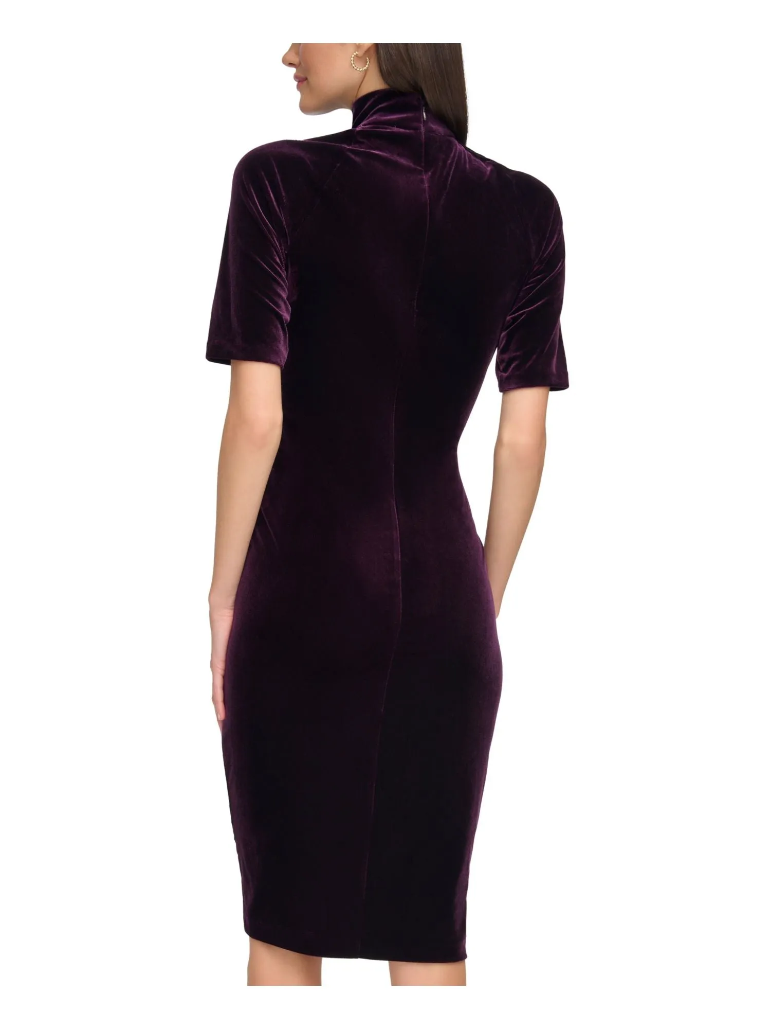 CALVIN KLEIN Womens Purple Ruched Zippered Slit Hem Short Sleeve Mock Neck Knee Length Evening Sheath Dress