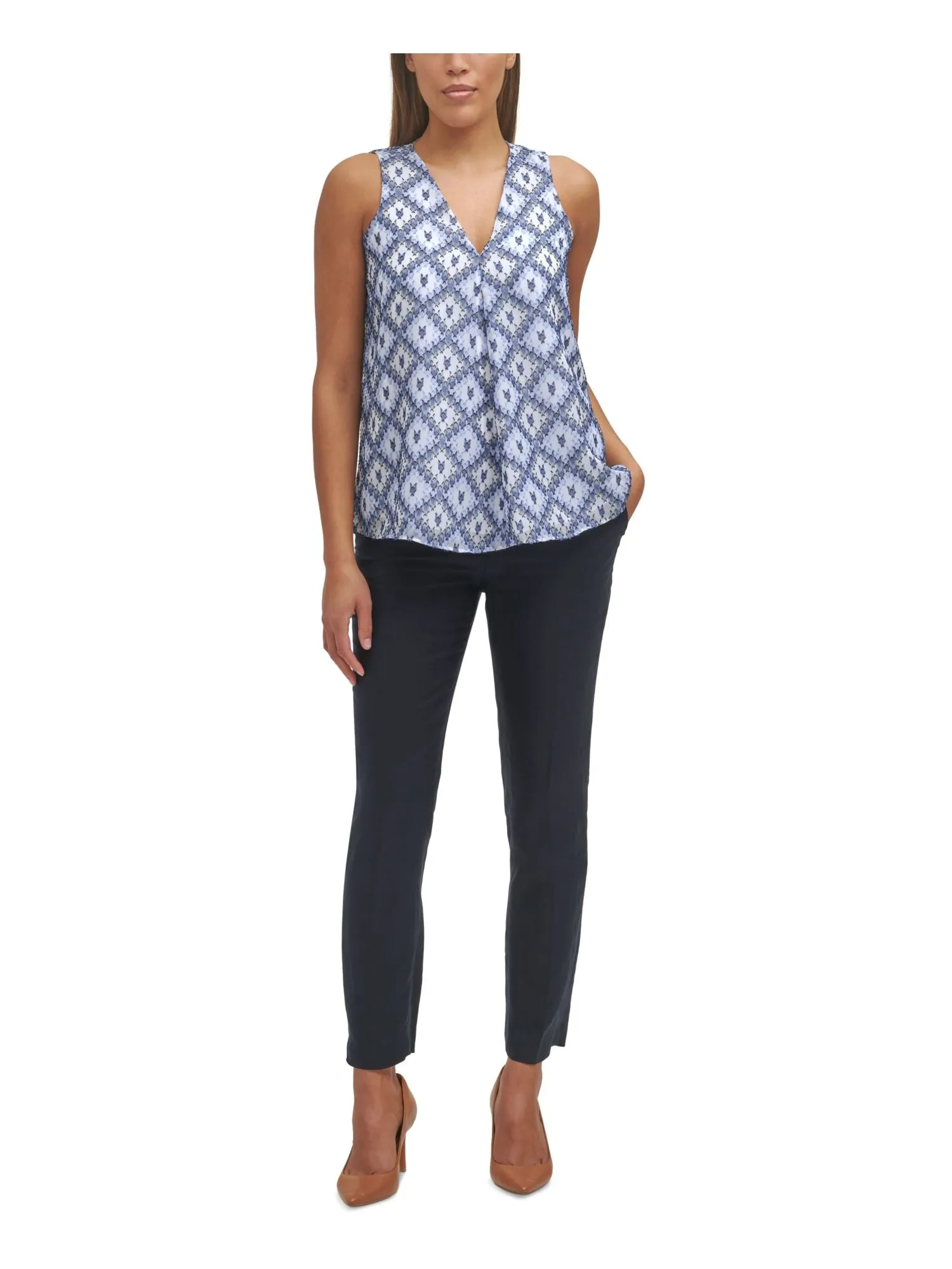 CALVIN KLEIN Womens Stretch Textured Printed Sleeveless V Neck Wear To Work Top