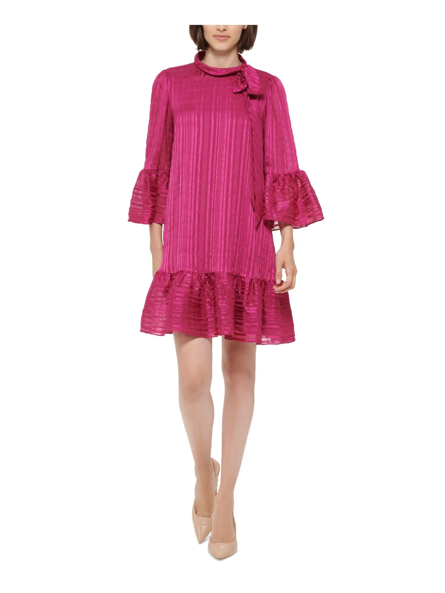 CALVIN KLEIN Womens Striped Bell Sleeve Tie Neck Above The Knee Cocktail Shift Dress