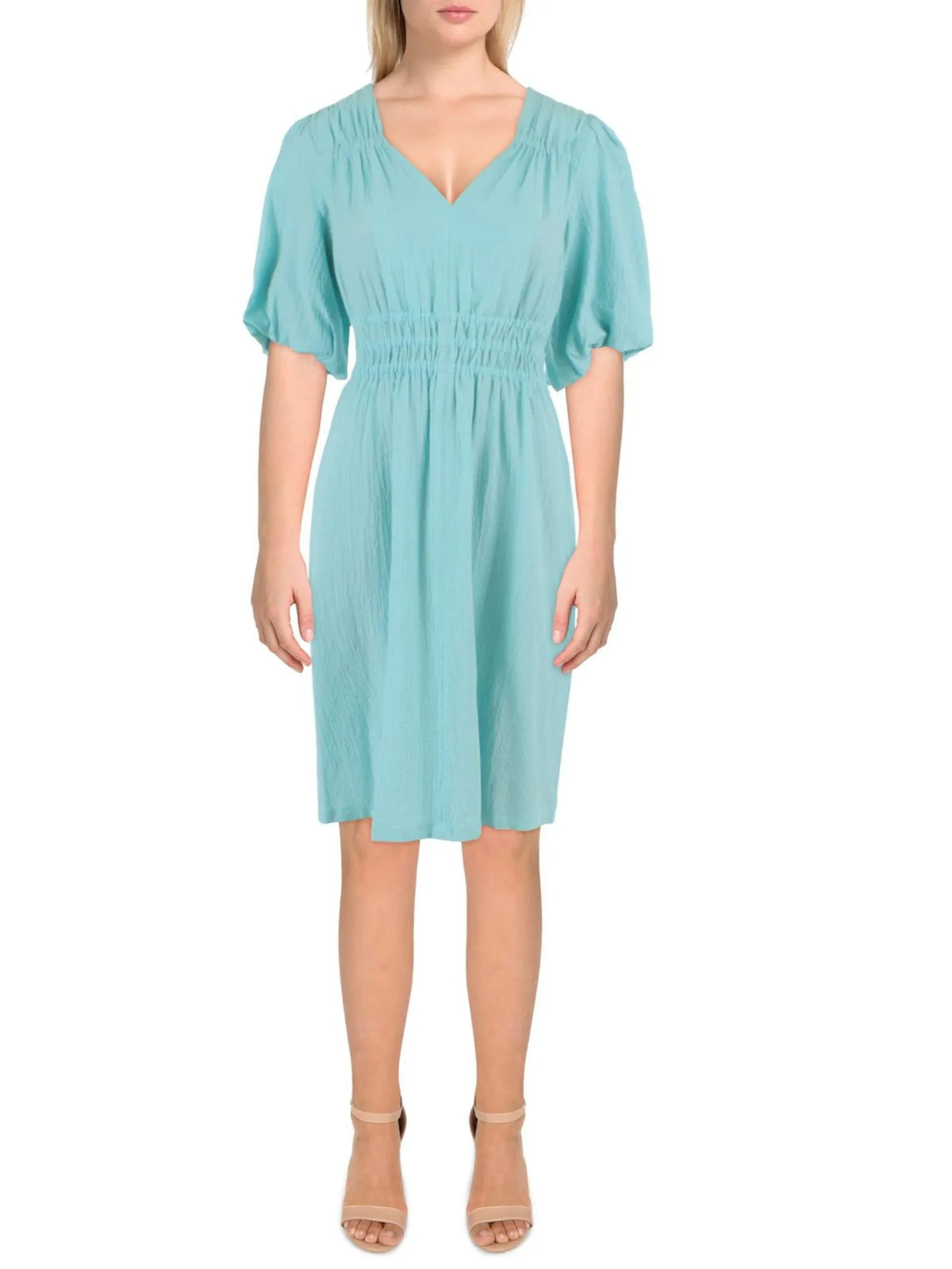 CALVIN KLEIN Womens Textured Pouf Sleeve V Neck Above The Knee Wear To Work Fit   Flare Dress