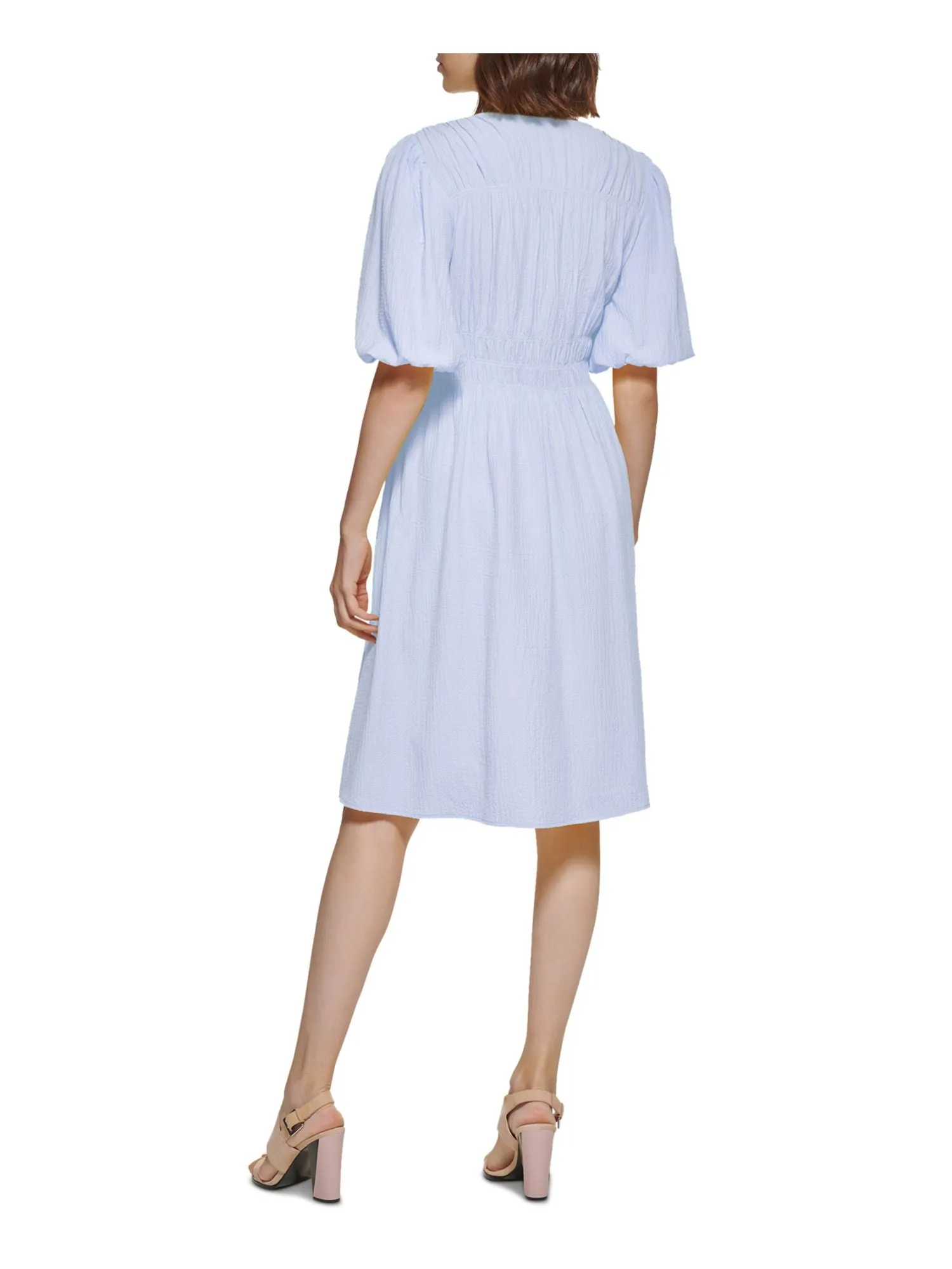 CALVIN KLEIN Womens Textured Pouf Sleeve V Neck Above The Knee Wear To Work Fit   Flare Dress