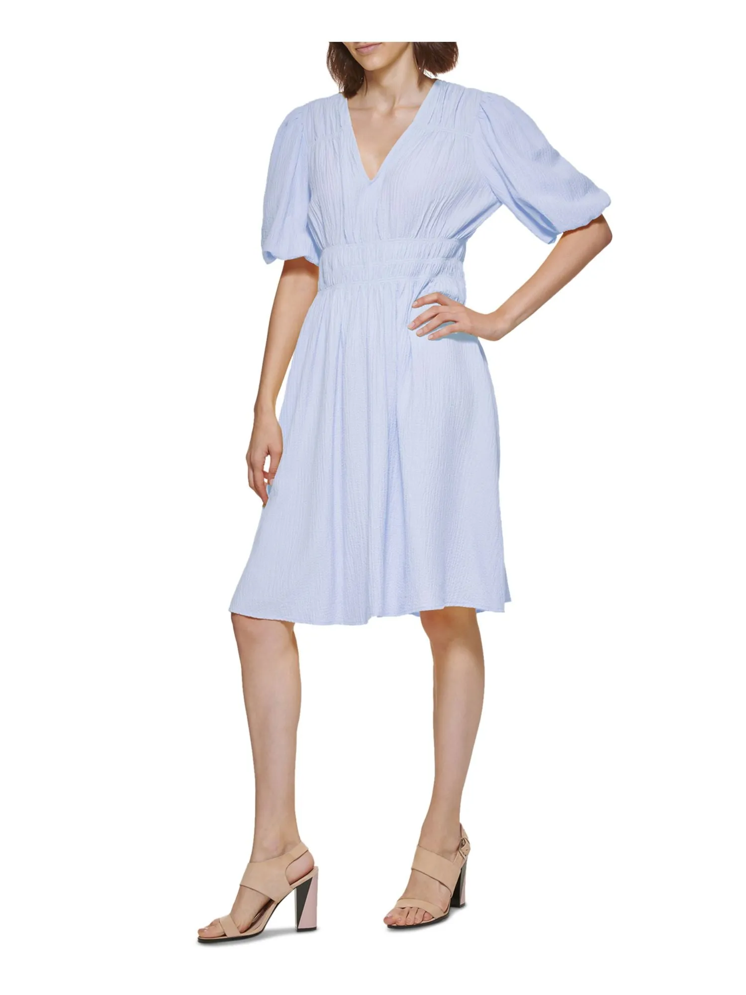 CALVIN KLEIN Womens Textured Pouf Sleeve V Neck Above The Knee Wear To Work Fit   Flare Dress