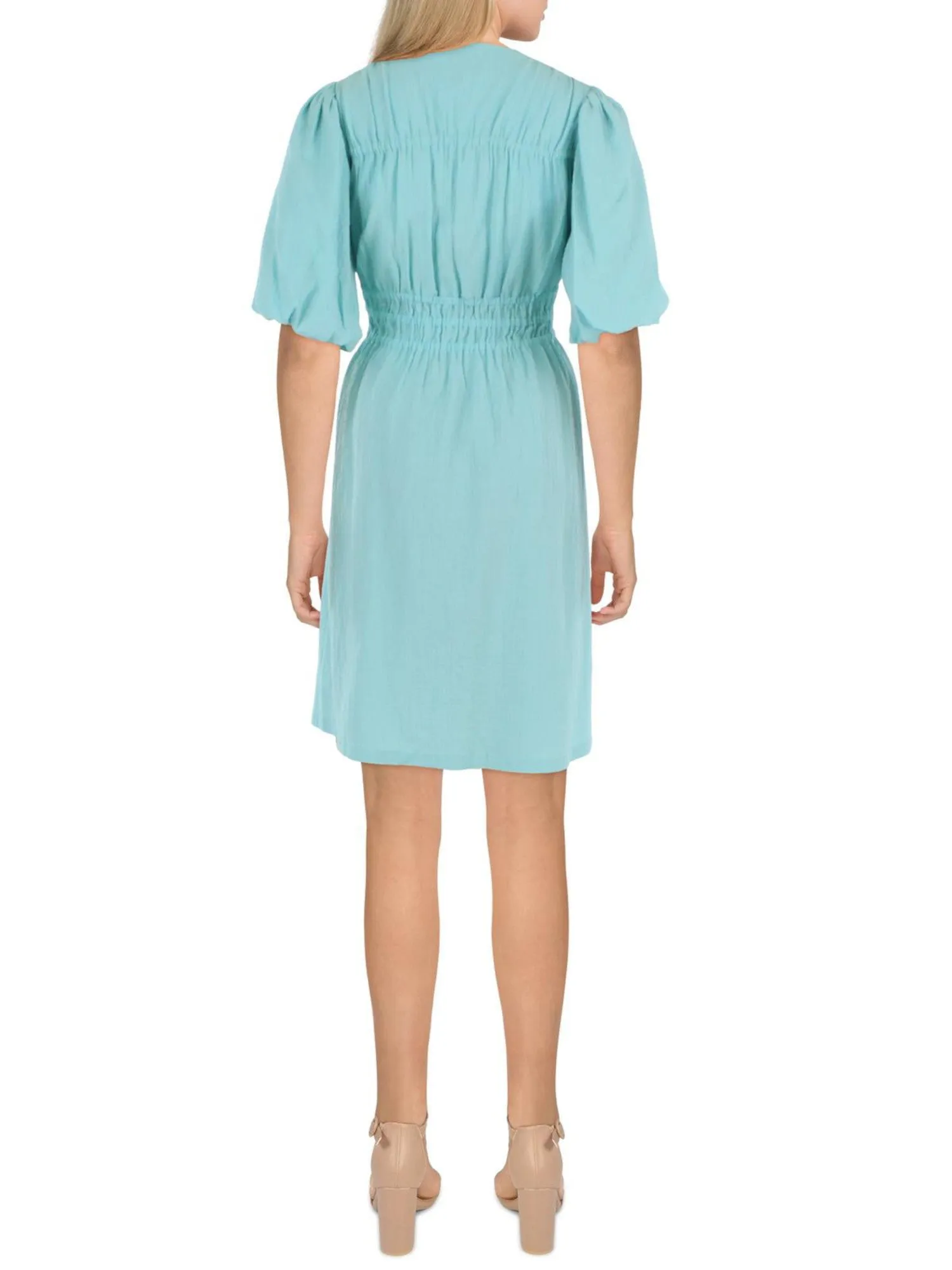 CALVIN KLEIN Womens Textured Pouf Sleeve V Neck Above The Knee Wear To Work Fit   Flare Dress