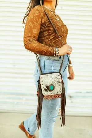 Cowhide Concho Fringed Leather Crossbody Bag