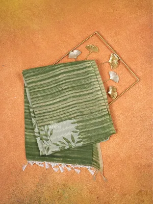 Cream Cotton Saree with Leaf Designs on the Body with Contrast Green Border