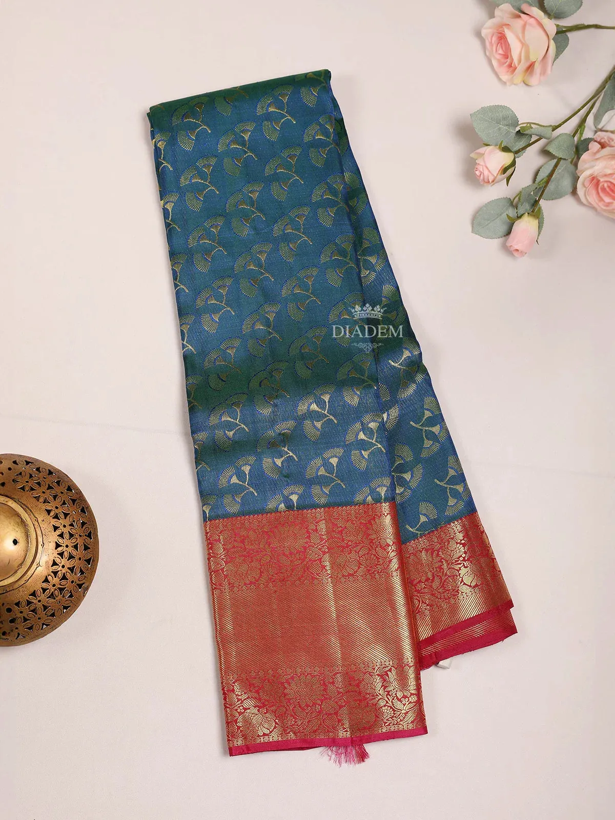 Dark Blue Pure Kanchipuram (Bridal) Silk Saree with Floral Motif on the body and Contrast Zari Border