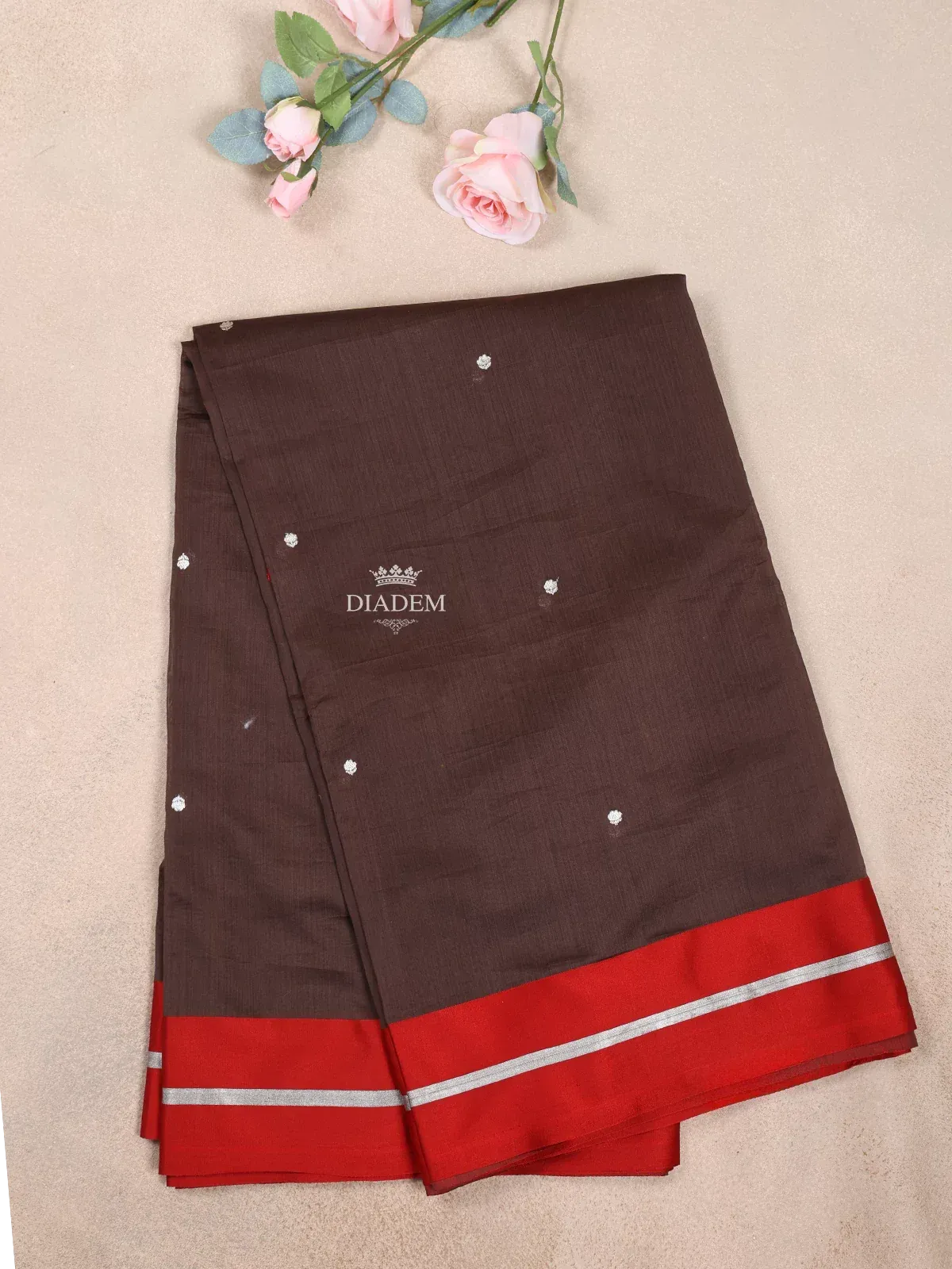 Dark Brown Organza Saree with Floral Designs on the Body and Paired with  Designer Blouse