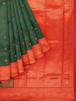 Dark Green Art Silk Saree with Zari Butta on the Body and Zari Border