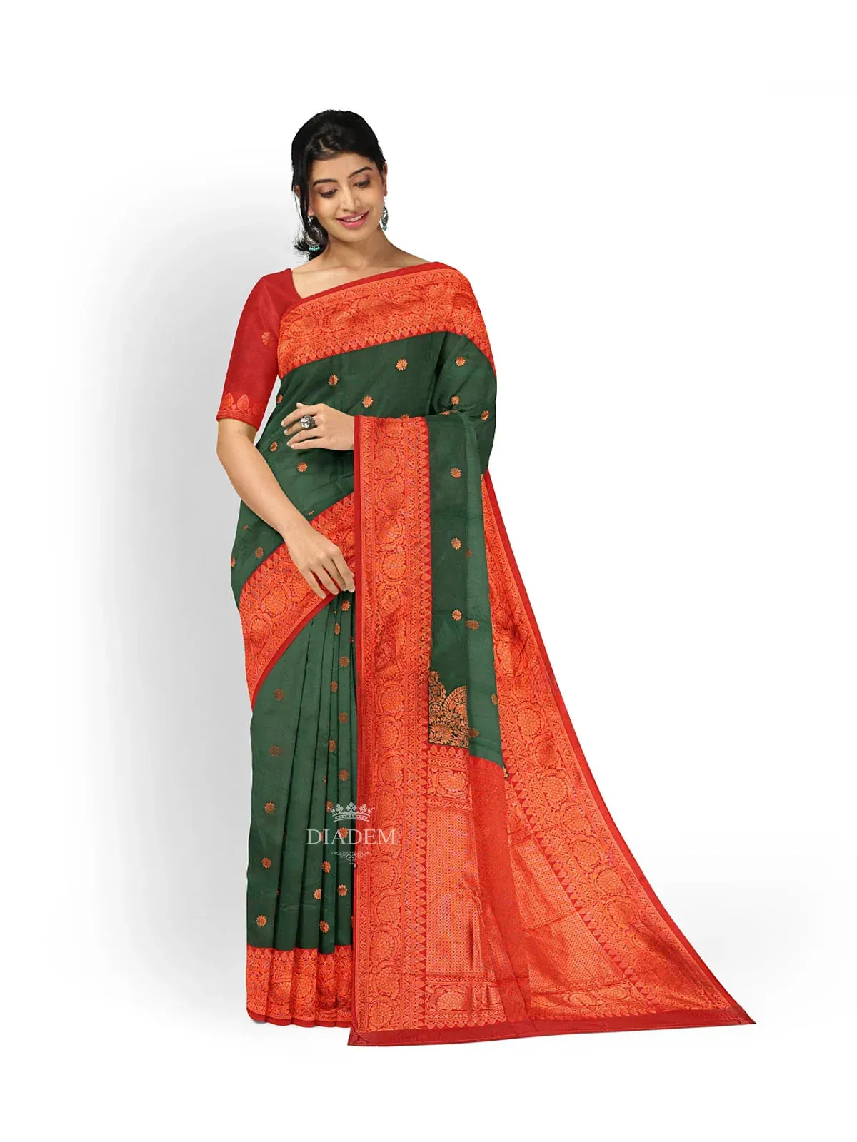 Dark Green Art Silk Saree with Zari Butta on the Body and Zari Border