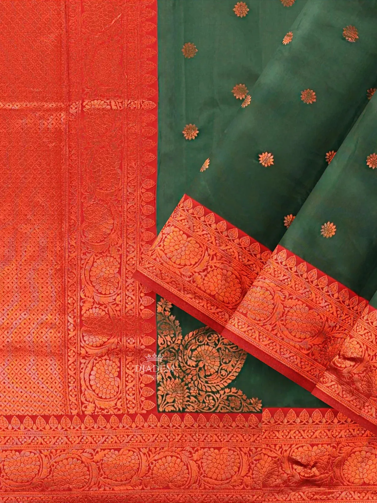 Dark Green Art Silk Saree with Zari Butta on the Body and Zari Border