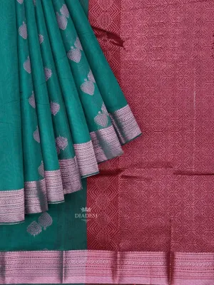 Dark Green Silk Cotton Saree with Zari Butta on the body and Zari Border