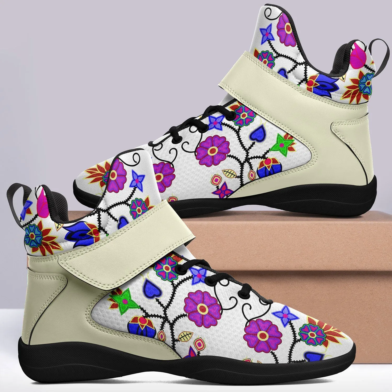 Floral Beadwork Seven Clans White Ipottaa Basketball / Sport High Top Shoes - Black Sole