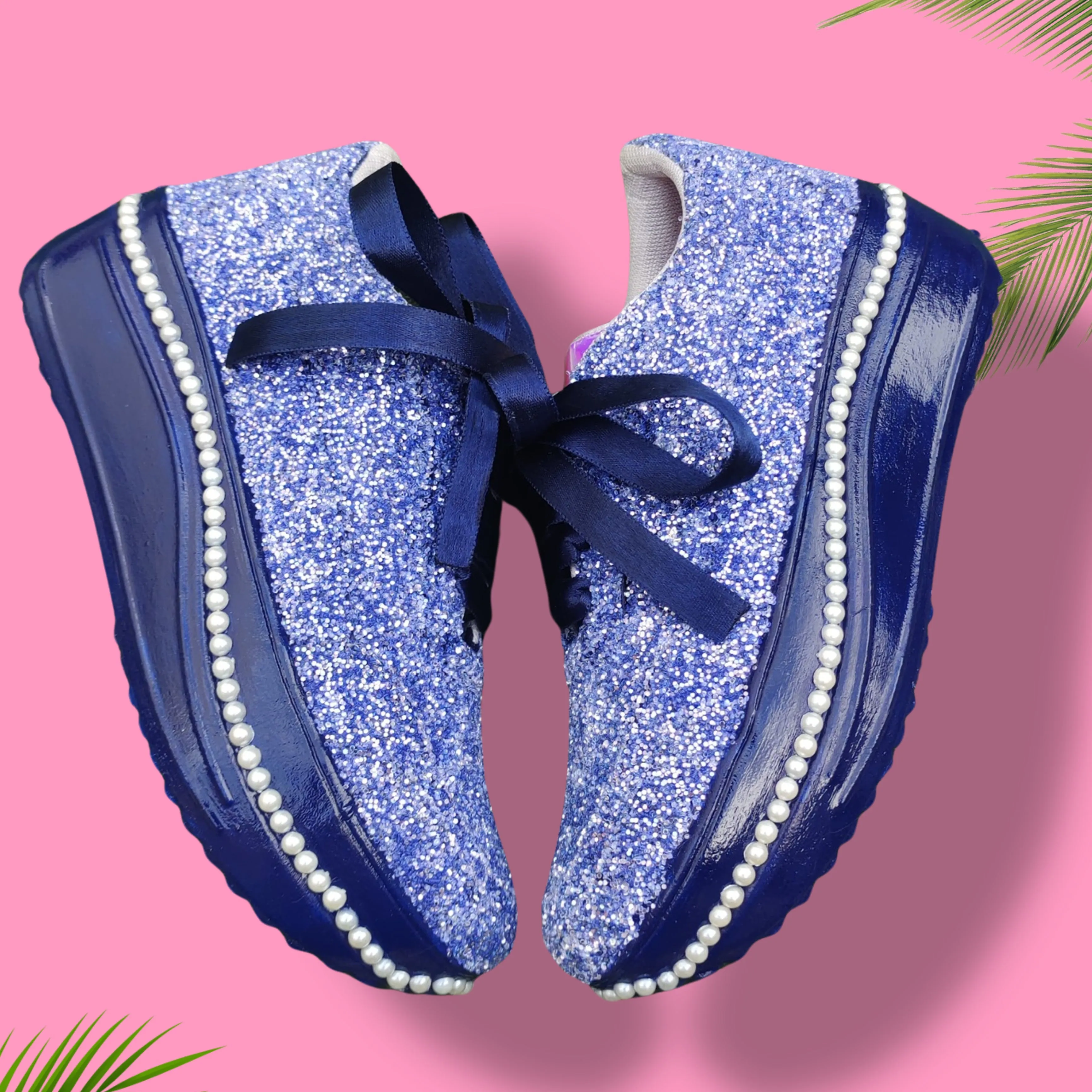 FUNKY N TRENDY blue glitter heeled sneakers with pearl detailing for brides /bridesmaids / sneakers for bridesmaids/ handcrafted sneakers/ glitter sneakers / bridal sneakers / bridesmaid sneakers/ blue sneakers / blue shoes