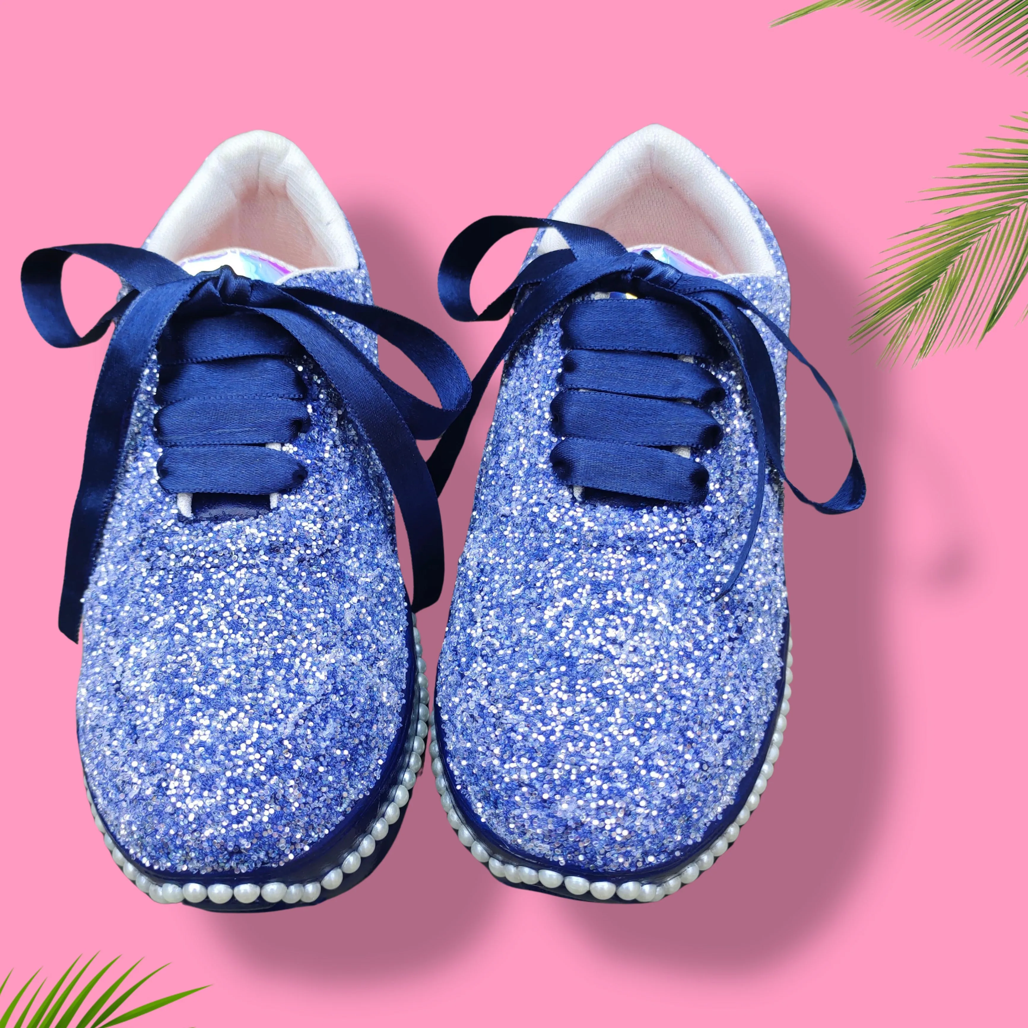 FUNKY N TRENDY blue glitter heeled sneakers with pearl detailing for brides /bridesmaids / sneakers for bridesmaids/ handcrafted sneakers/ glitter sneakers / bridal sneakers / bridesmaid sneakers/ blue sneakers / blue shoes