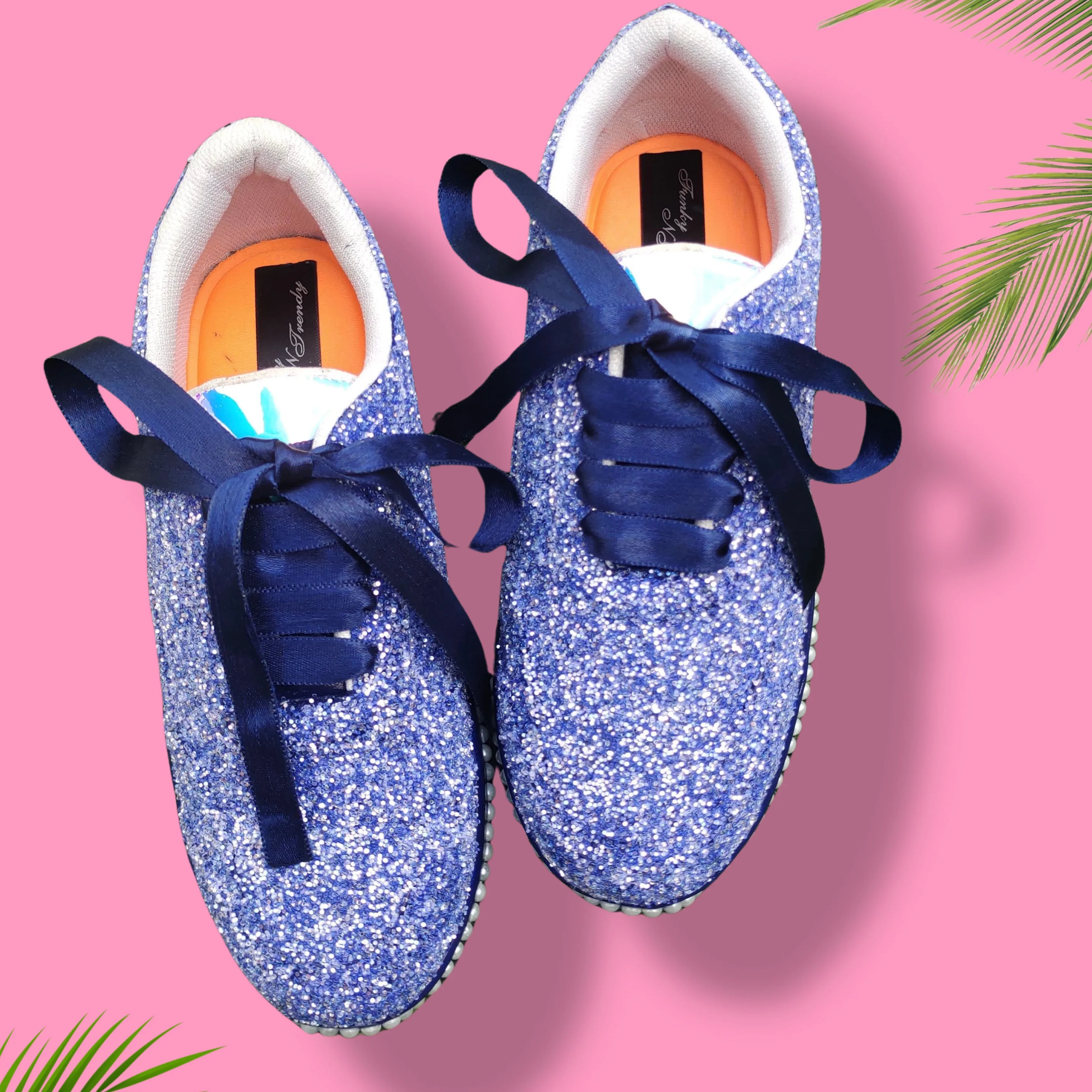 FUNKY N TRENDY blue glitter heeled sneakers with pearl detailing for brides /bridesmaids / sneakers for bridesmaids/ handcrafted sneakers/ glitter sneakers / bridal sneakers / bridesmaid sneakers/ blue sneakers / blue shoes