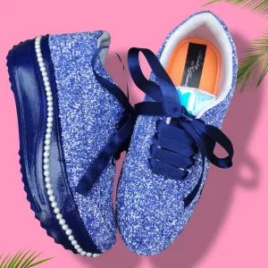 FUNKY N TRENDY blue glitter heeled sneakers with pearl detailing for brides /bridesmaids / sneakers for bridesmaids/ handcrafted sneakers/ glitter sneakers / bridal sneakers / bridesmaid sneakers/ blue sneakers / blue shoes