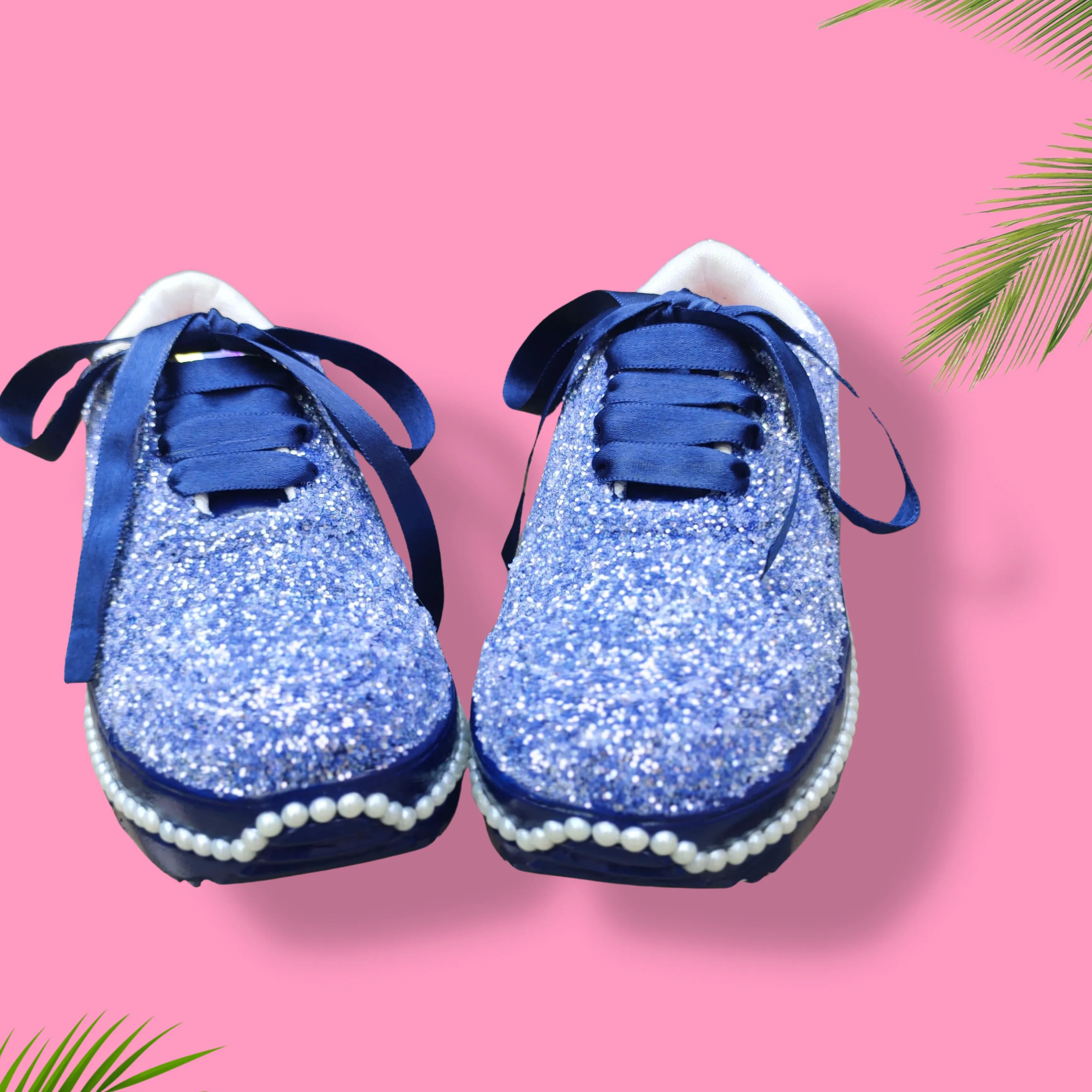 FUNKY N TRENDY blue glitter heeled sneakers with pearl detailing for brides /bridesmaids / sneakers for bridesmaids/ handcrafted sneakers/ glitter sneakers / bridal sneakers / bridesmaid sneakers/ blue sneakers / blue shoes