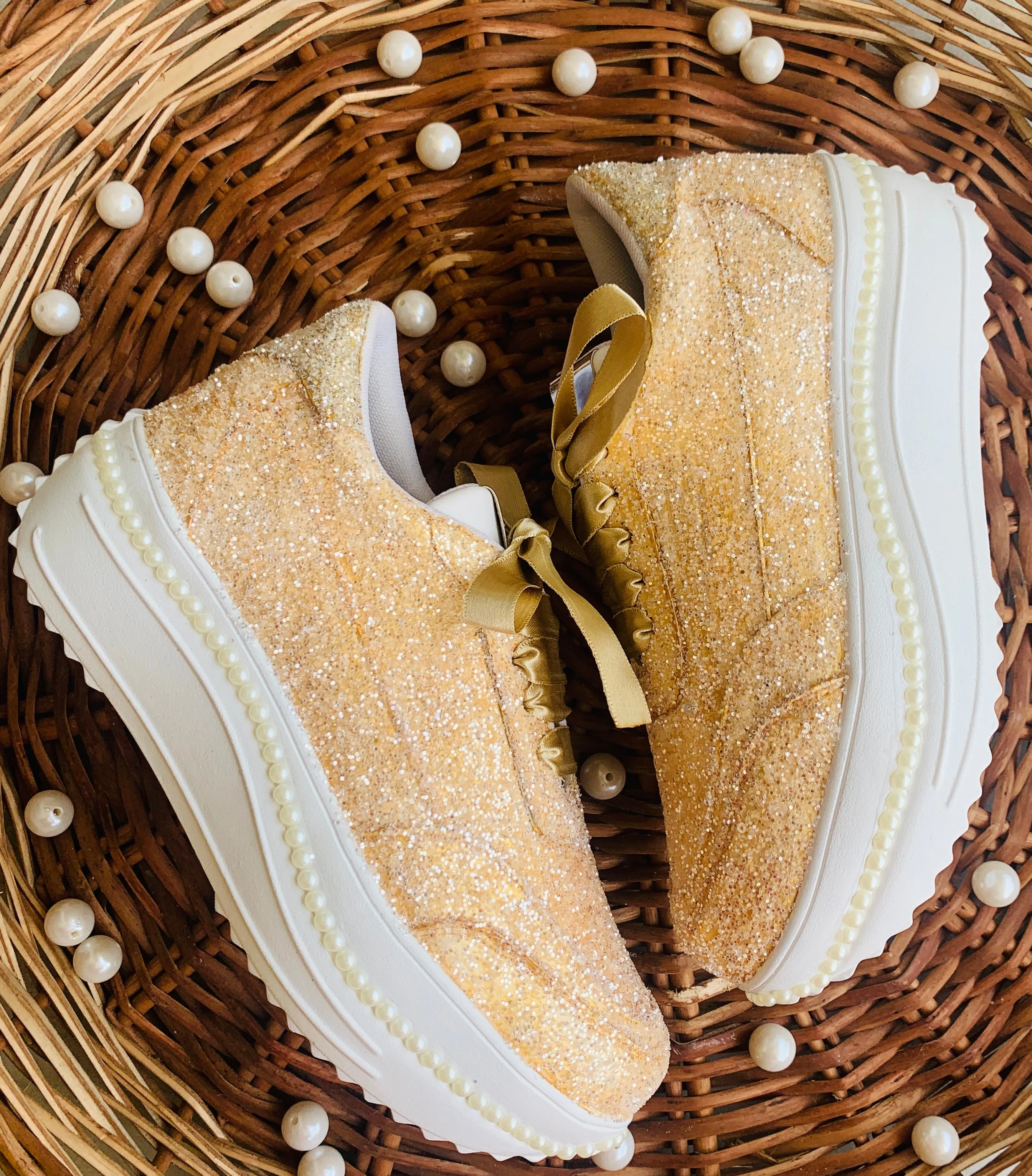 FUNKY N TRENDY dull gold glitter heeled sneakers with pearl detailing for brides /bridesmaids / sneakers for bridesmaids/ handcrafted sneakers/ glitter sneakers / bridal sneakers / bridesmaid sneakers/ gold sneakers / golden shoes